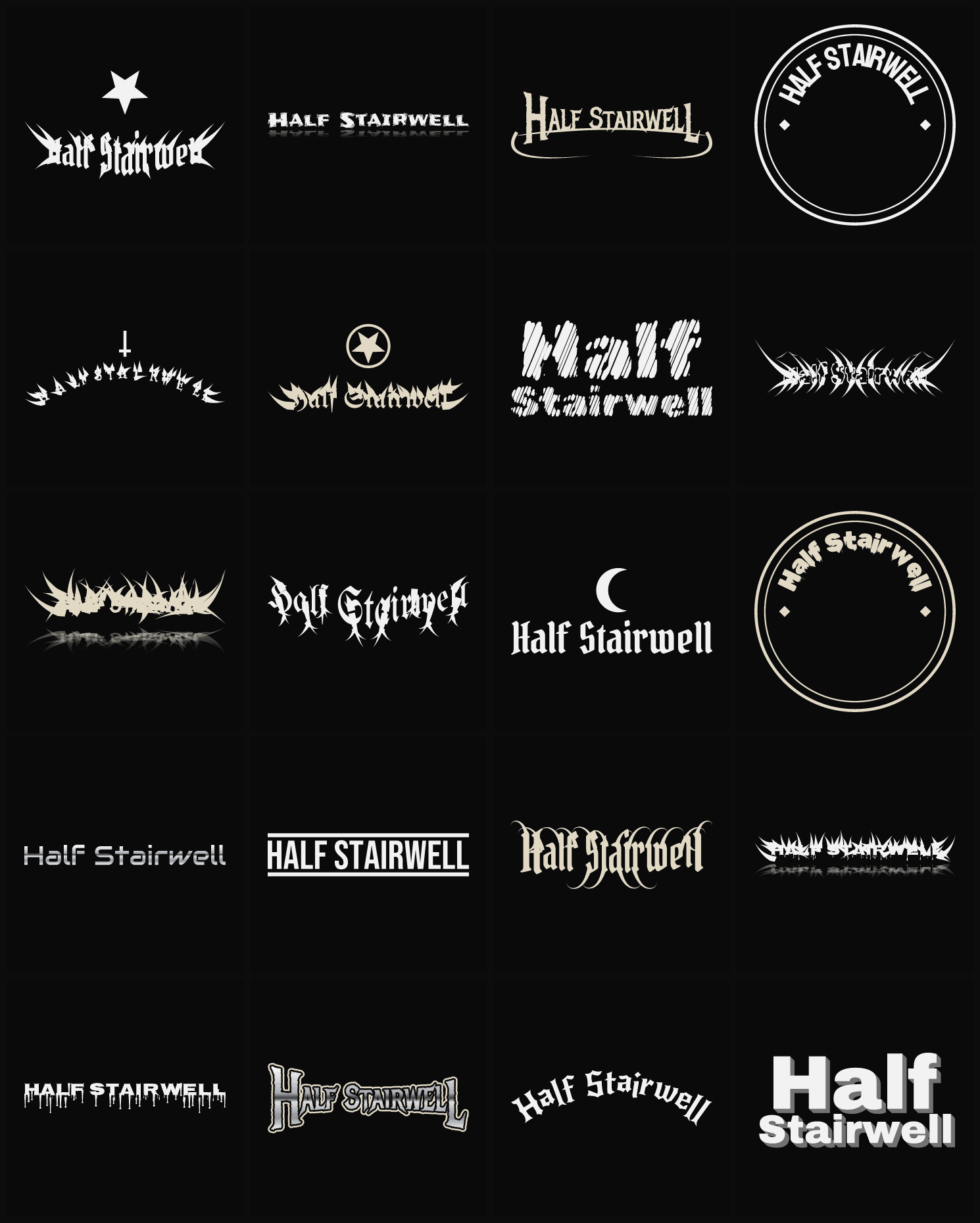 Twenty Half Stairwell band logo ideas — different faces, treatments and spike settings