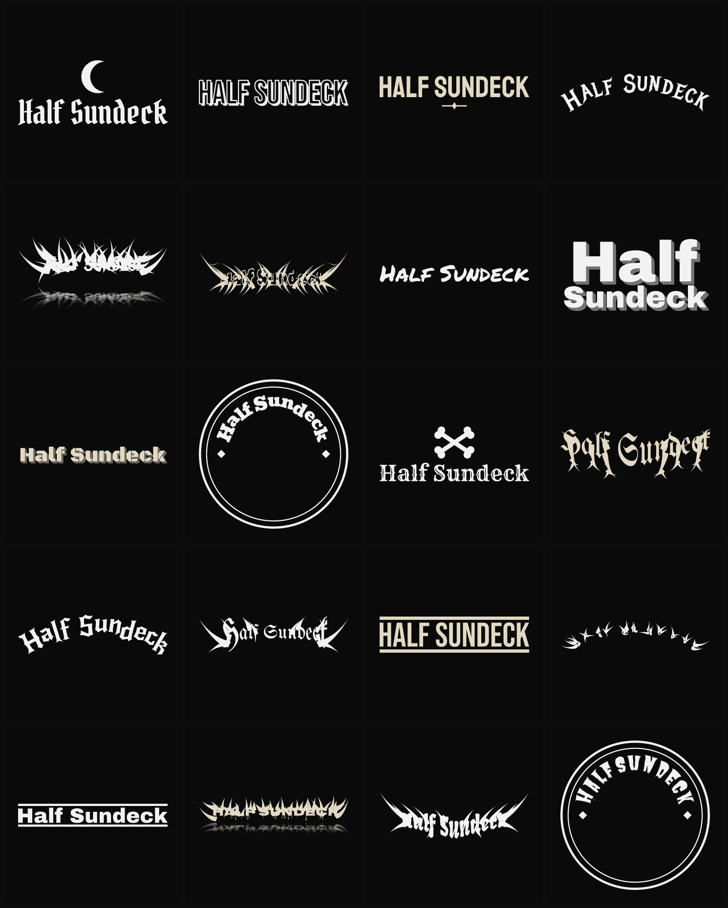 Twenty Half Sundeck band logo ideas — different faces, treatments and spike settings