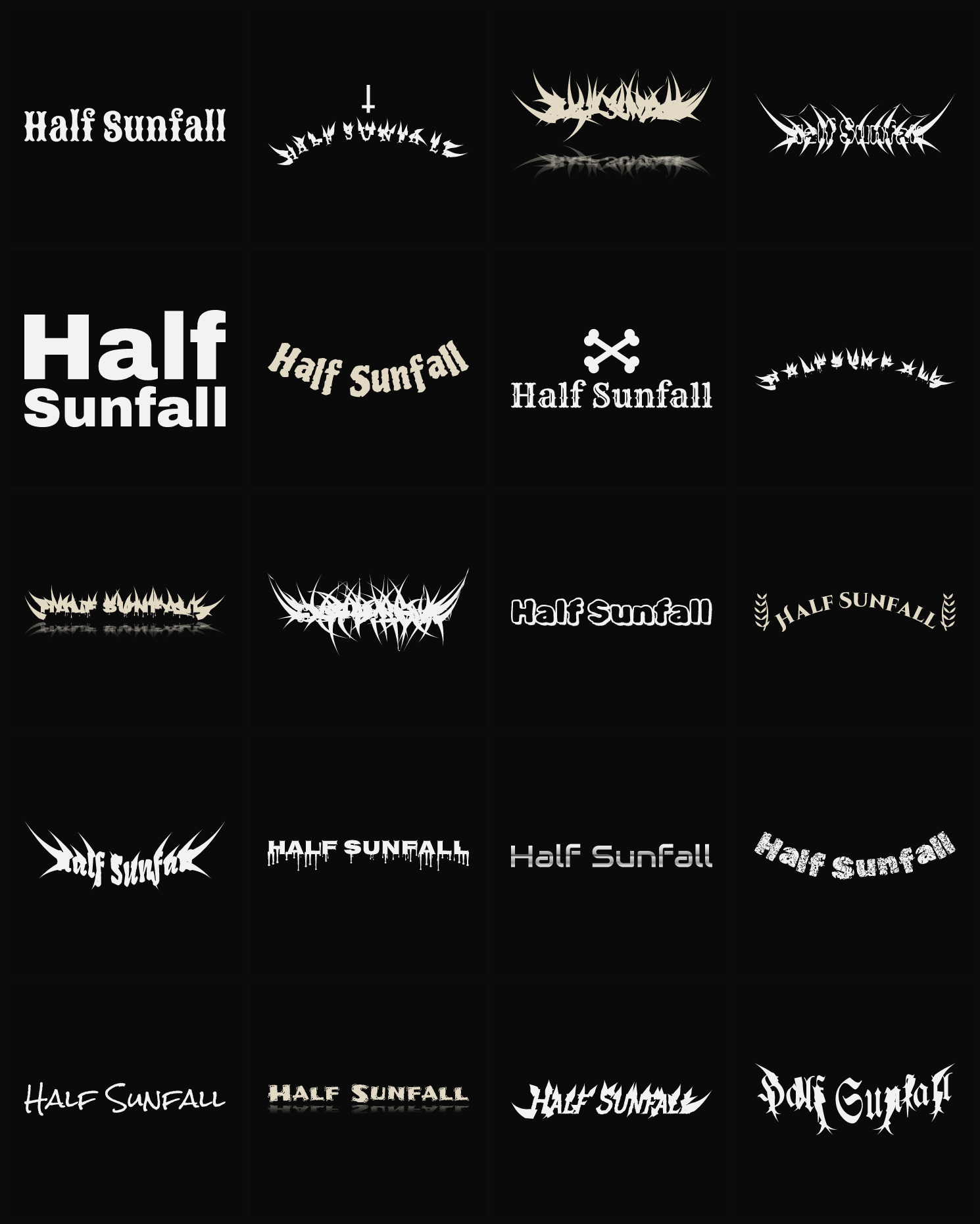 Twenty Half Sunfall band logo ideas — different faces, treatments and spike settings