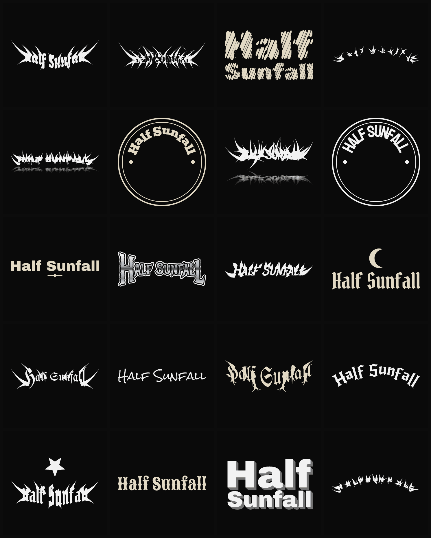 Twenty Half Sunfall band logo ideas — different faces, treatments and spike settings