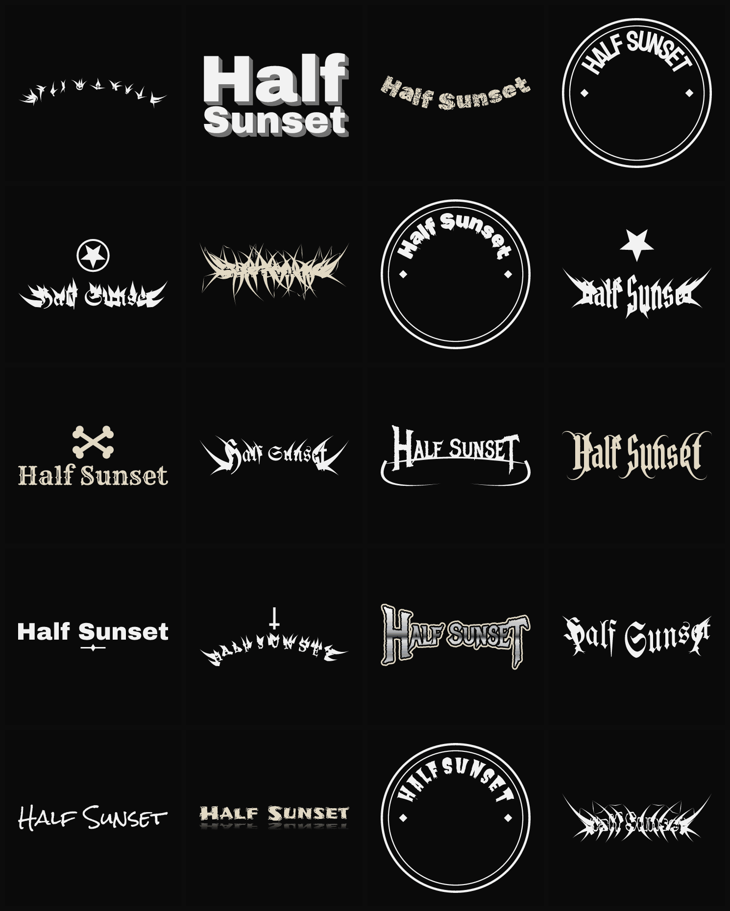 Twenty Half Sunset band logo ideas — different faces, treatments and spike settings