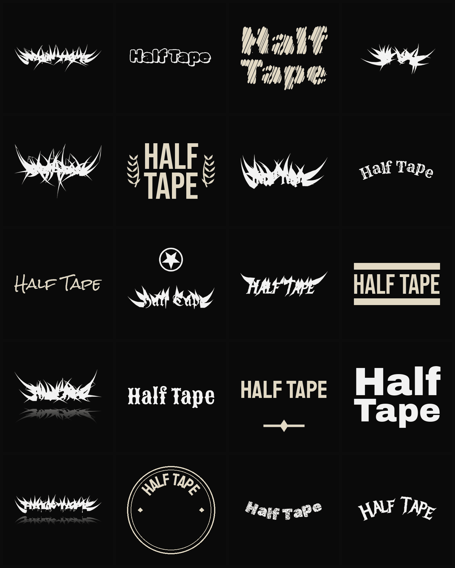Twenty Half Tape band logo ideas — different faces, treatments and spike settings