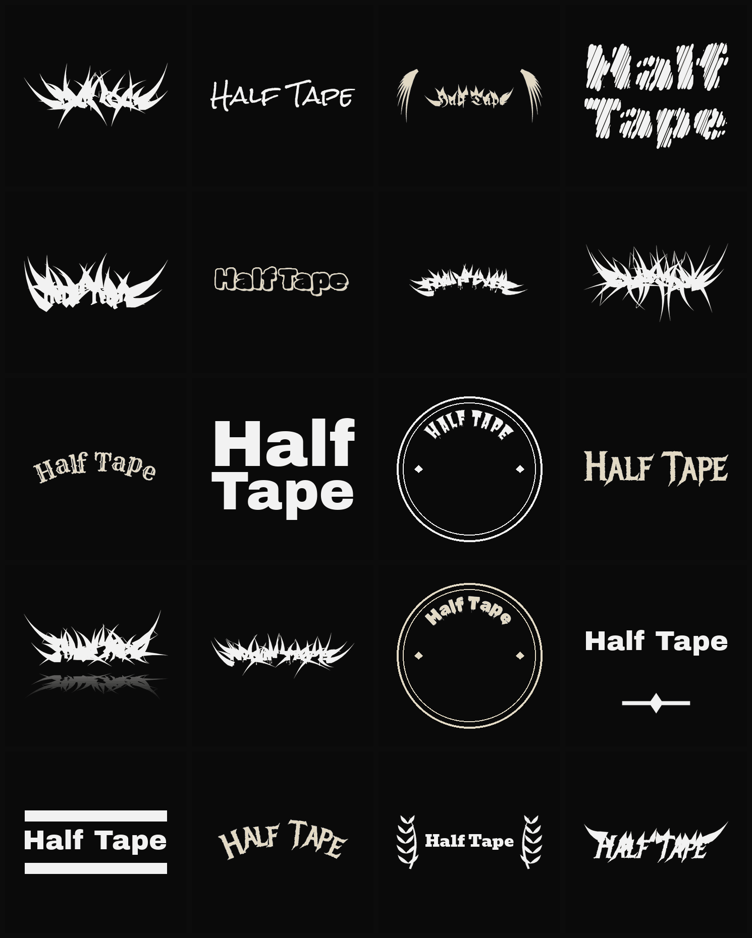 Twenty Half Tape band logo ideas — different faces, treatments and spike settings