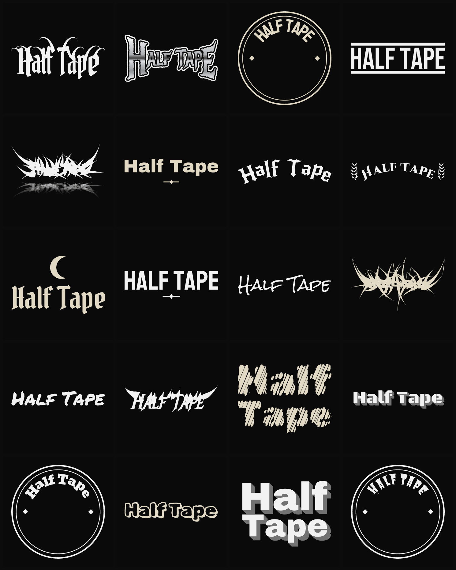 Twenty Half Tape band logo ideas — different faces, treatments and spike settings