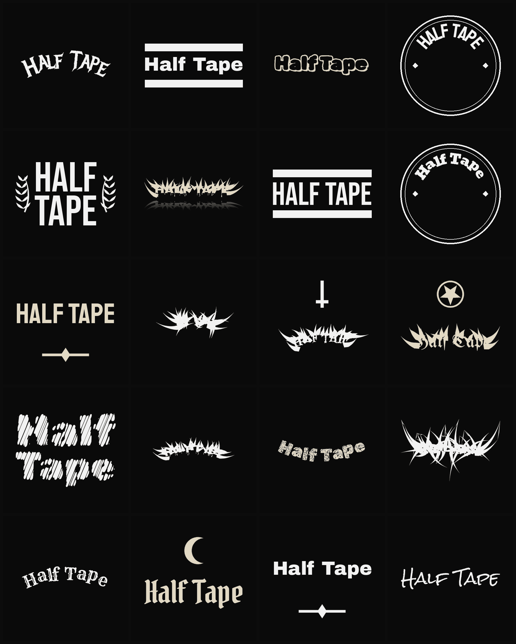 Twenty Half Tape band logo ideas — different faces, treatments and spike settings