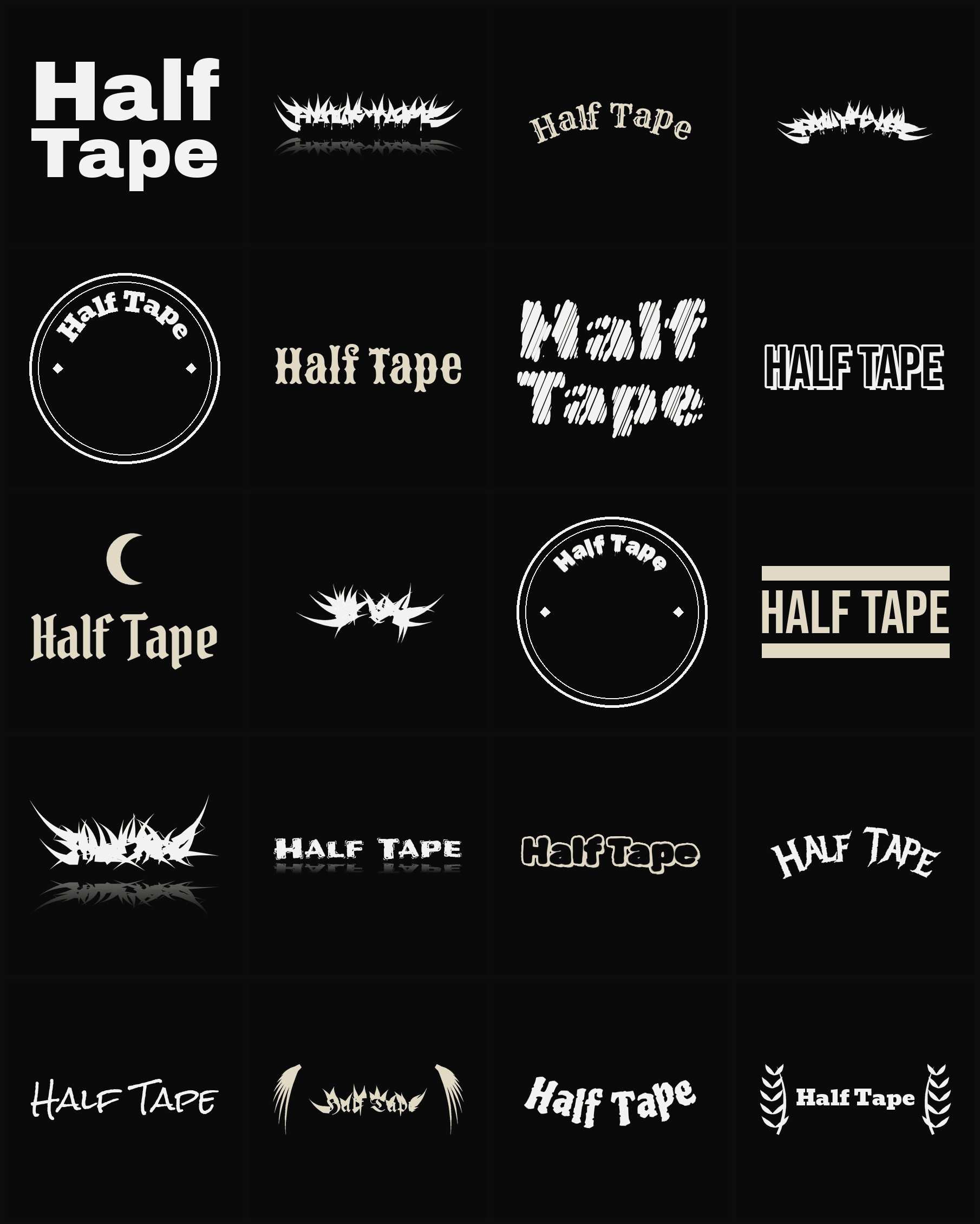 Twenty Half Tape band logo ideas — different faces, treatments and spike settings