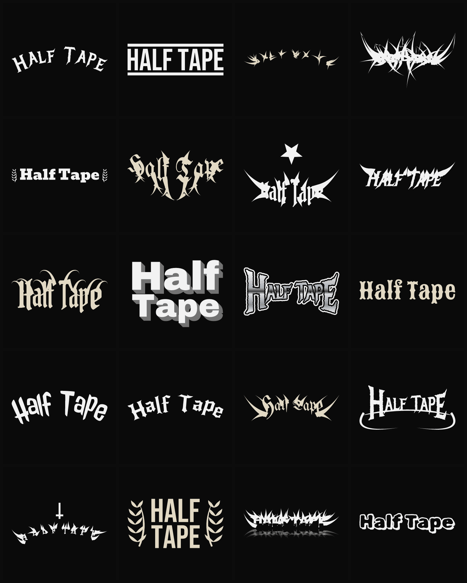 Twenty Half Tape band logo ideas — different faces, treatments and spike settings