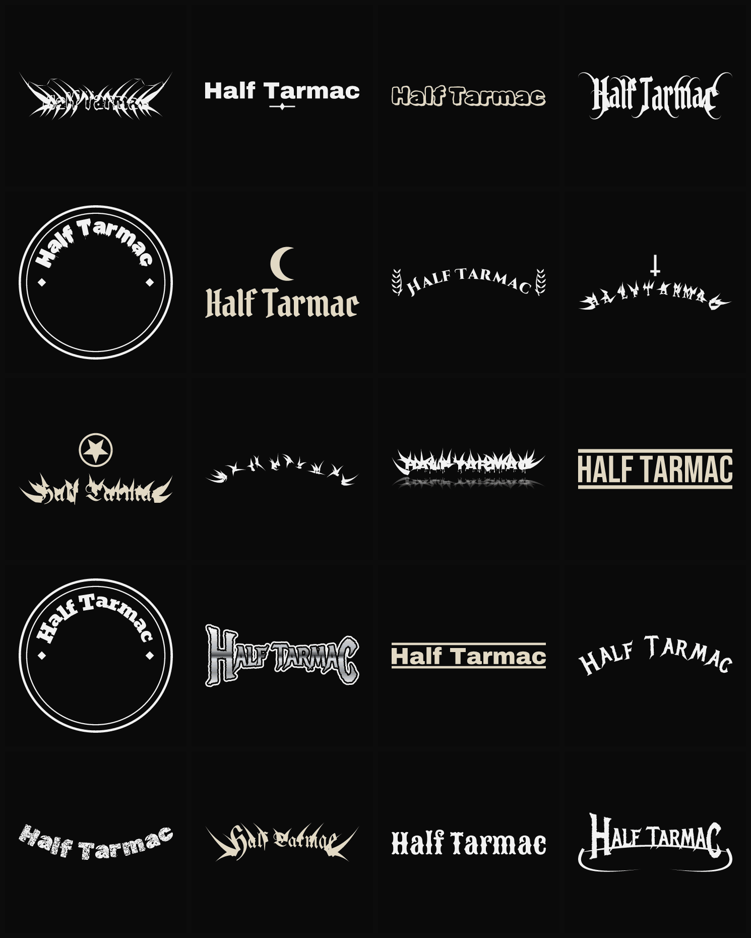 Twenty Half Tarmac band logo ideas — different faces, treatments and spike settings