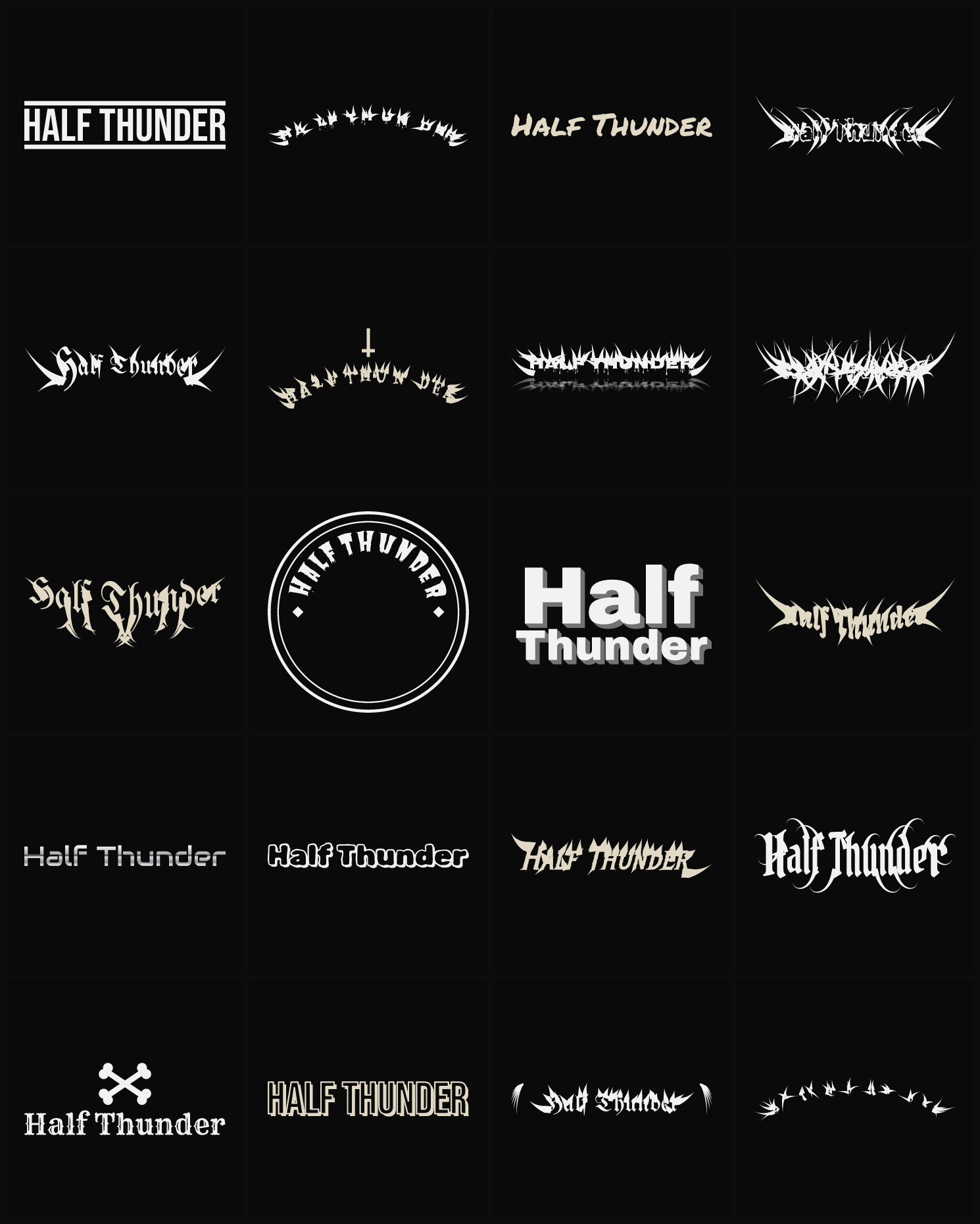 Twenty Half Thunder band logo ideas — different faces, treatments and spike settings