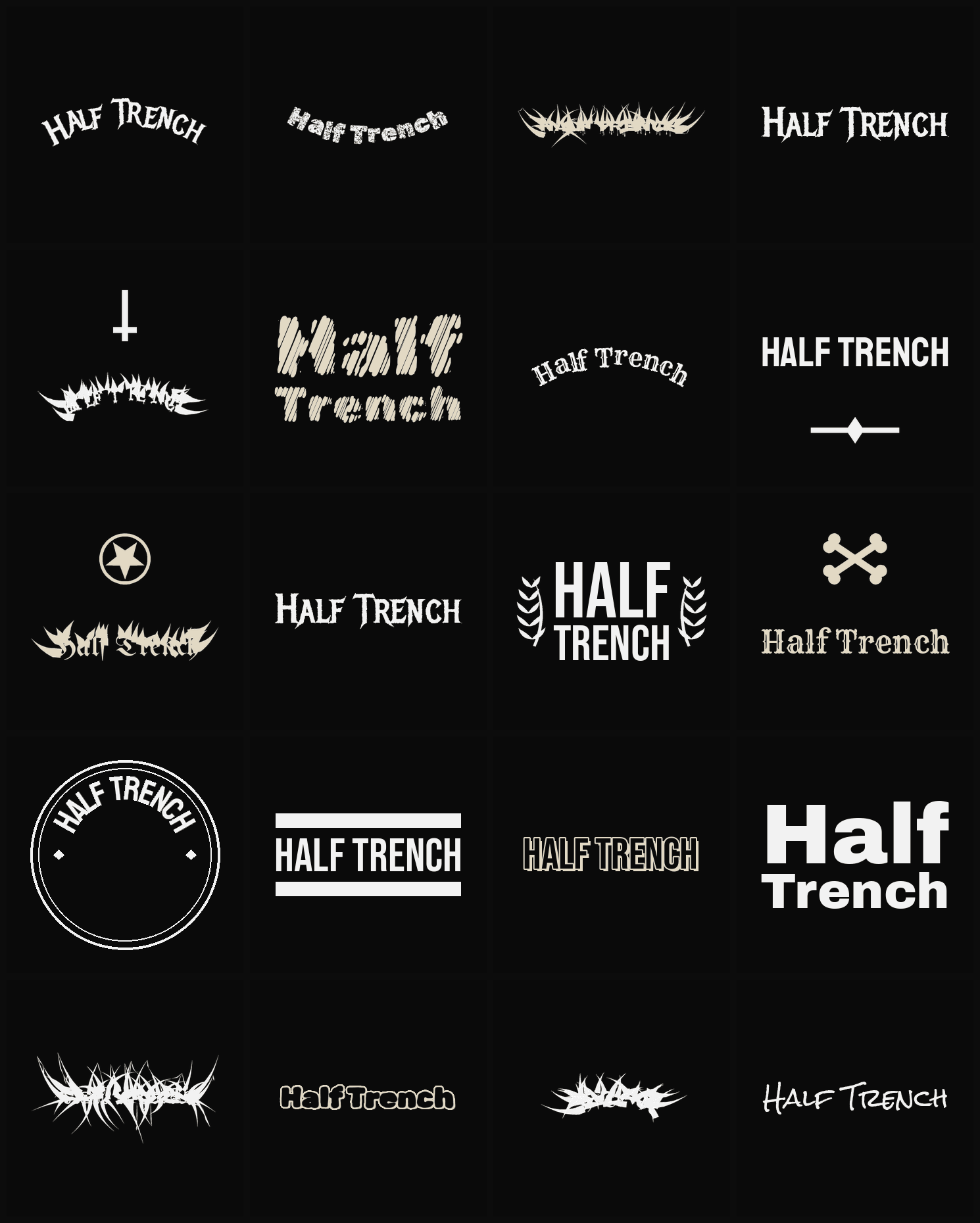 Twenty Half Trench band logo ideas — different faces, treatments and spike settings