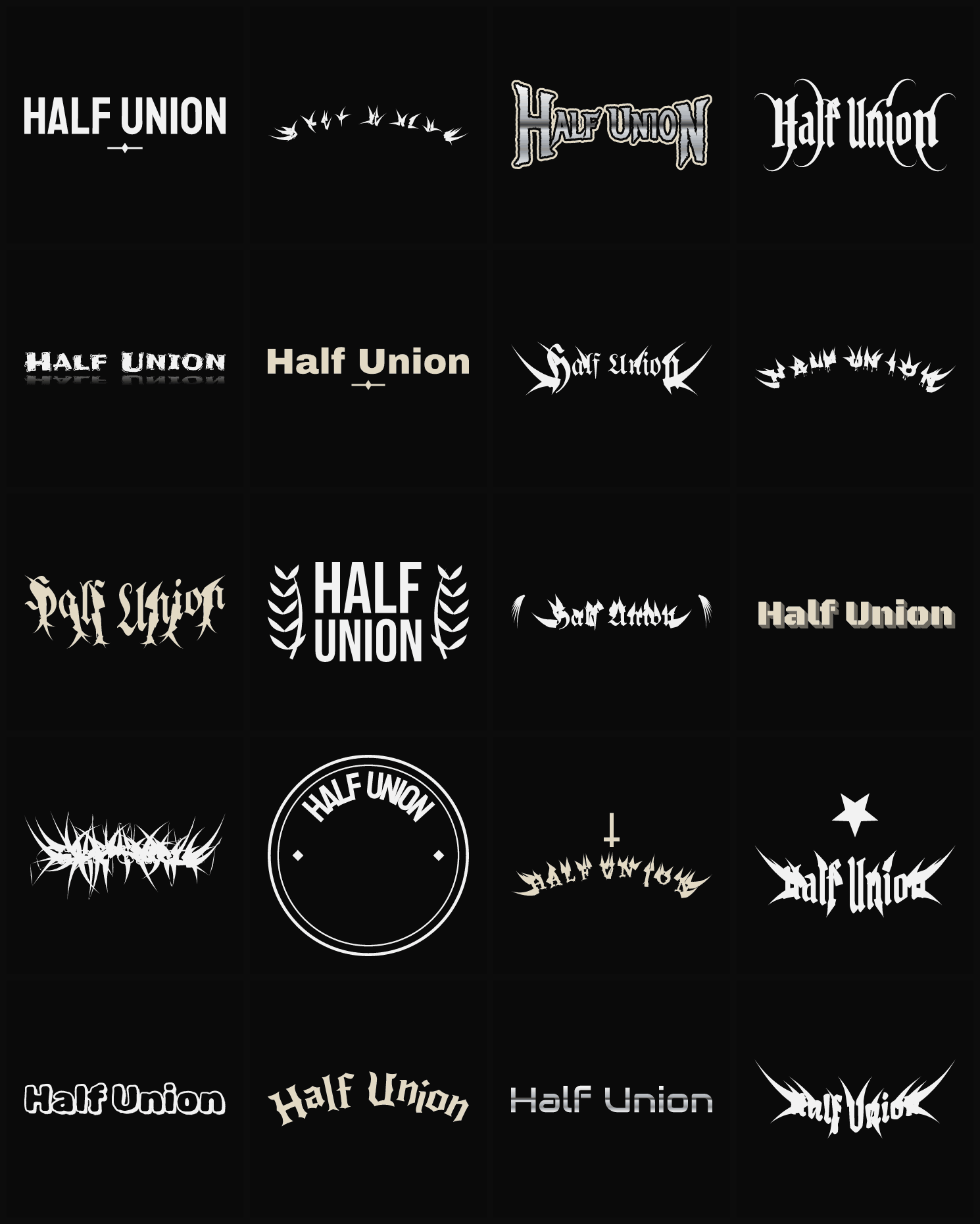 Twenty Half Union band logo ideas — different faces, treatments and spike settings