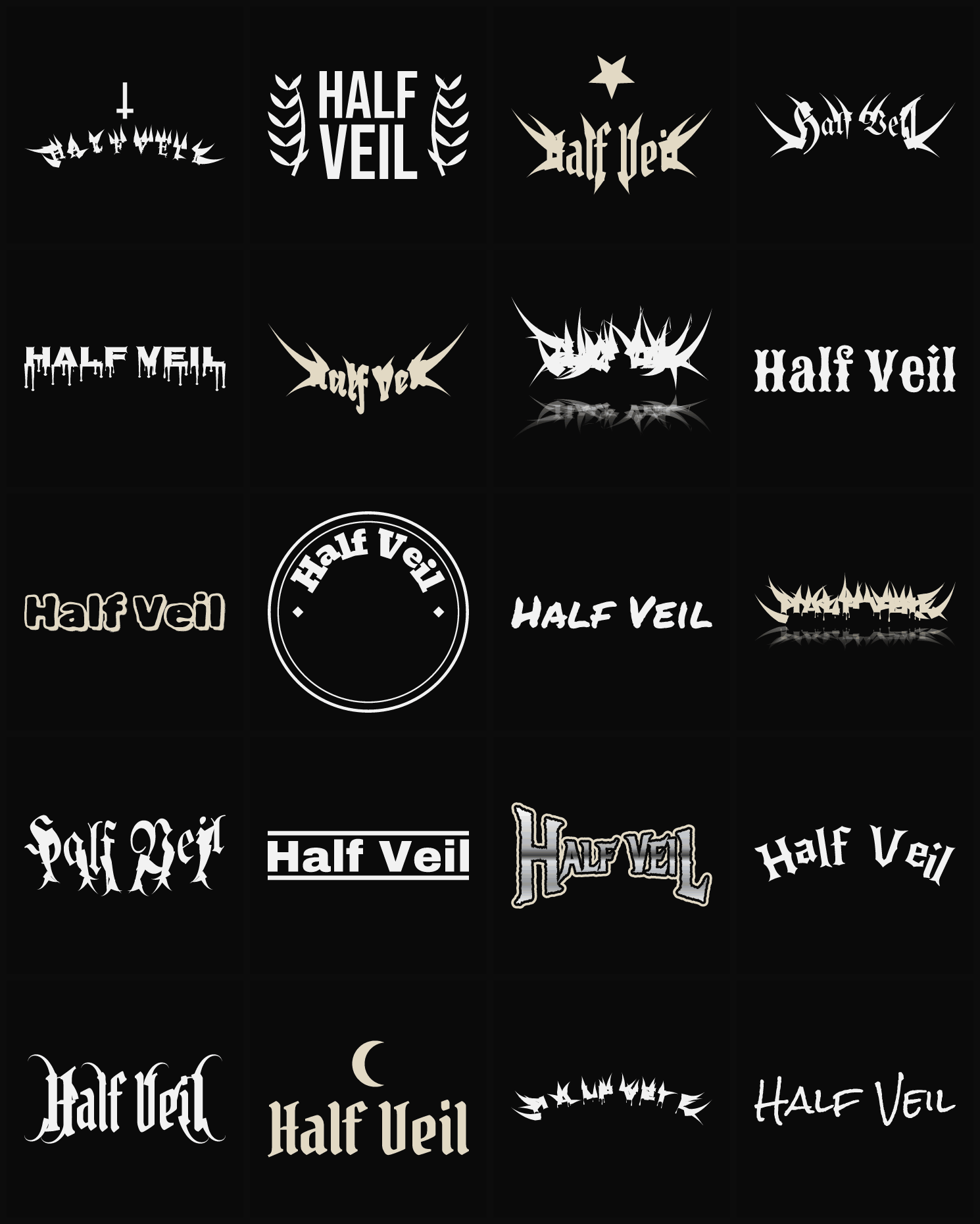 Twenty Half Veil band logo ideas — different faces, treatments and spike settings