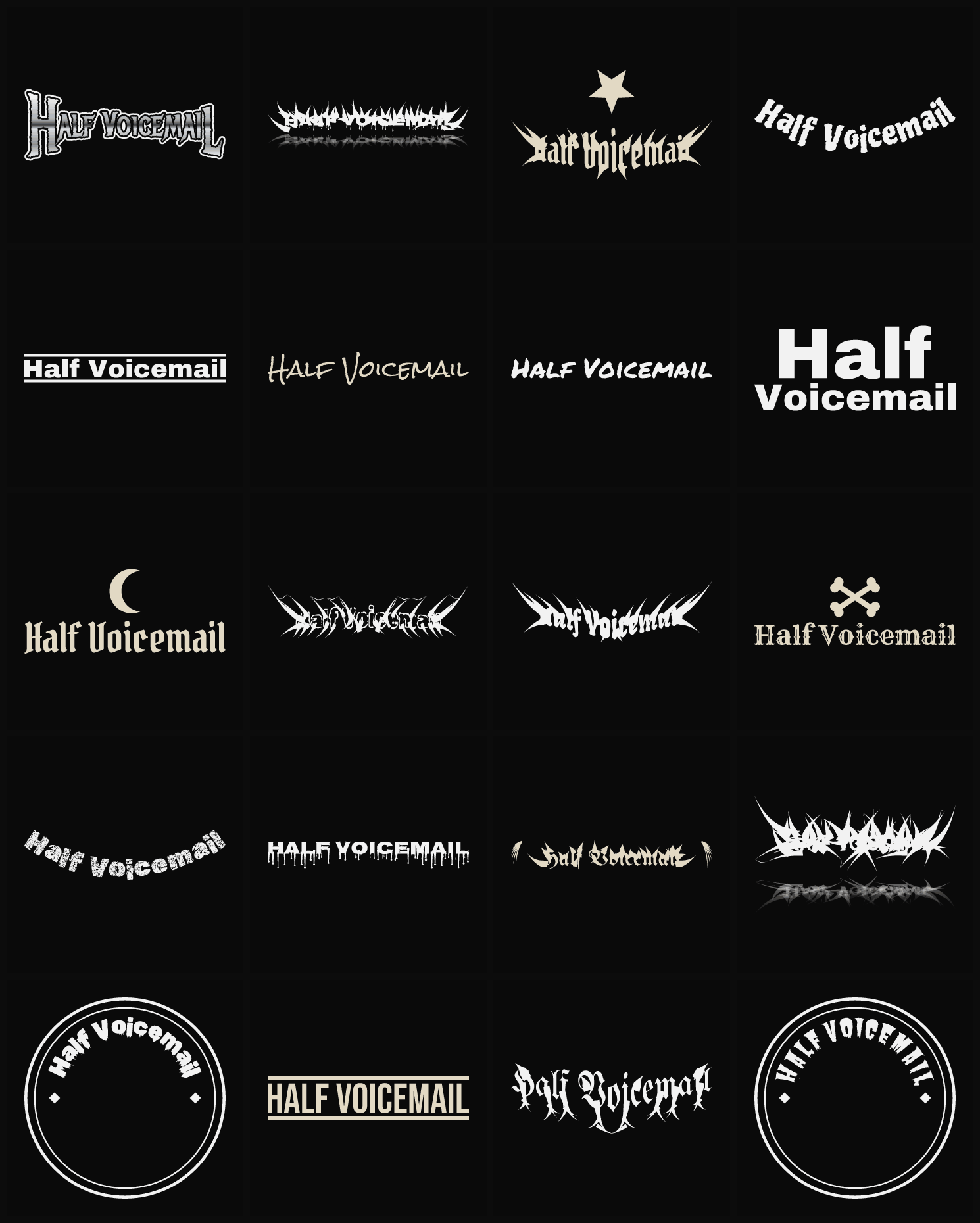 Twenty Half Voicemail band logo ideas — different faces, treatments and spike settings