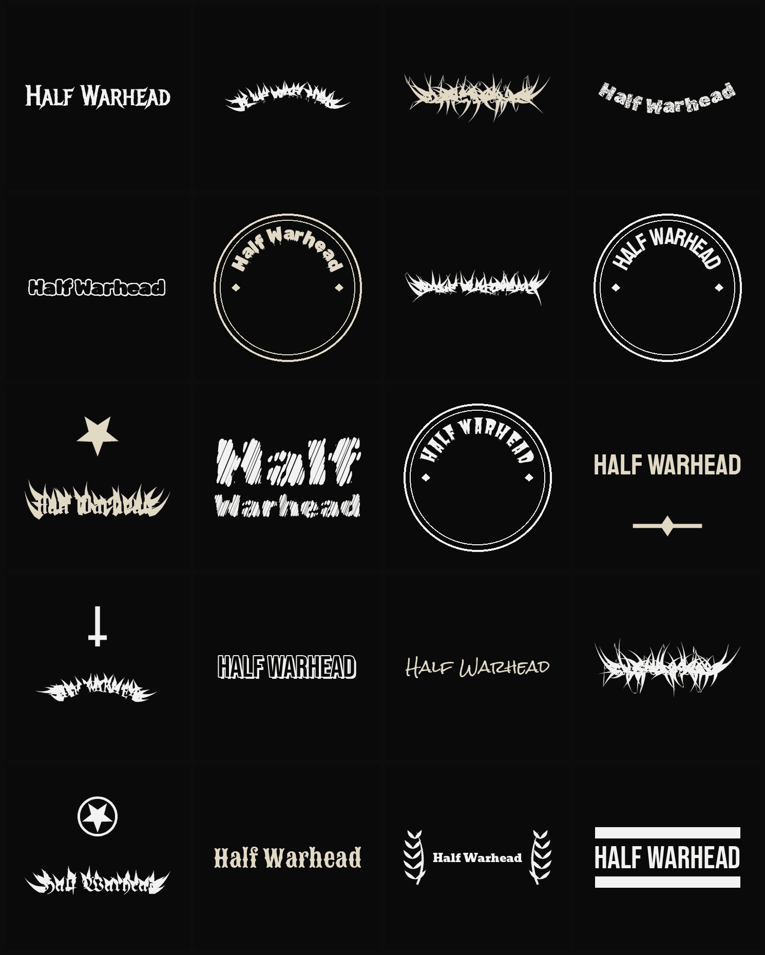 Twenty Half Warhead band logo ideas — different faces, treatments and spike settings
