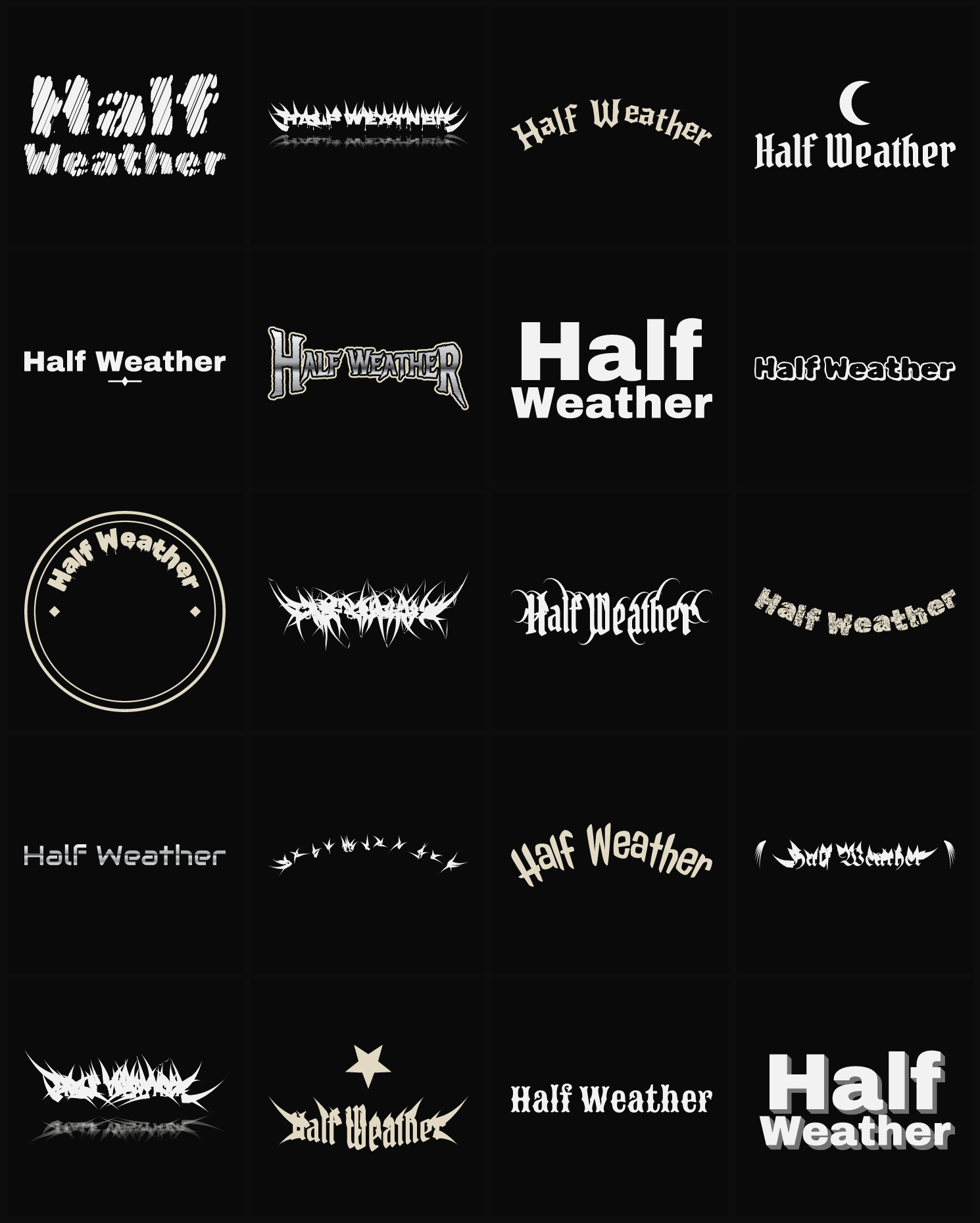 Twenty Half Weather band logo ideas — different faces, treatments and spike settings