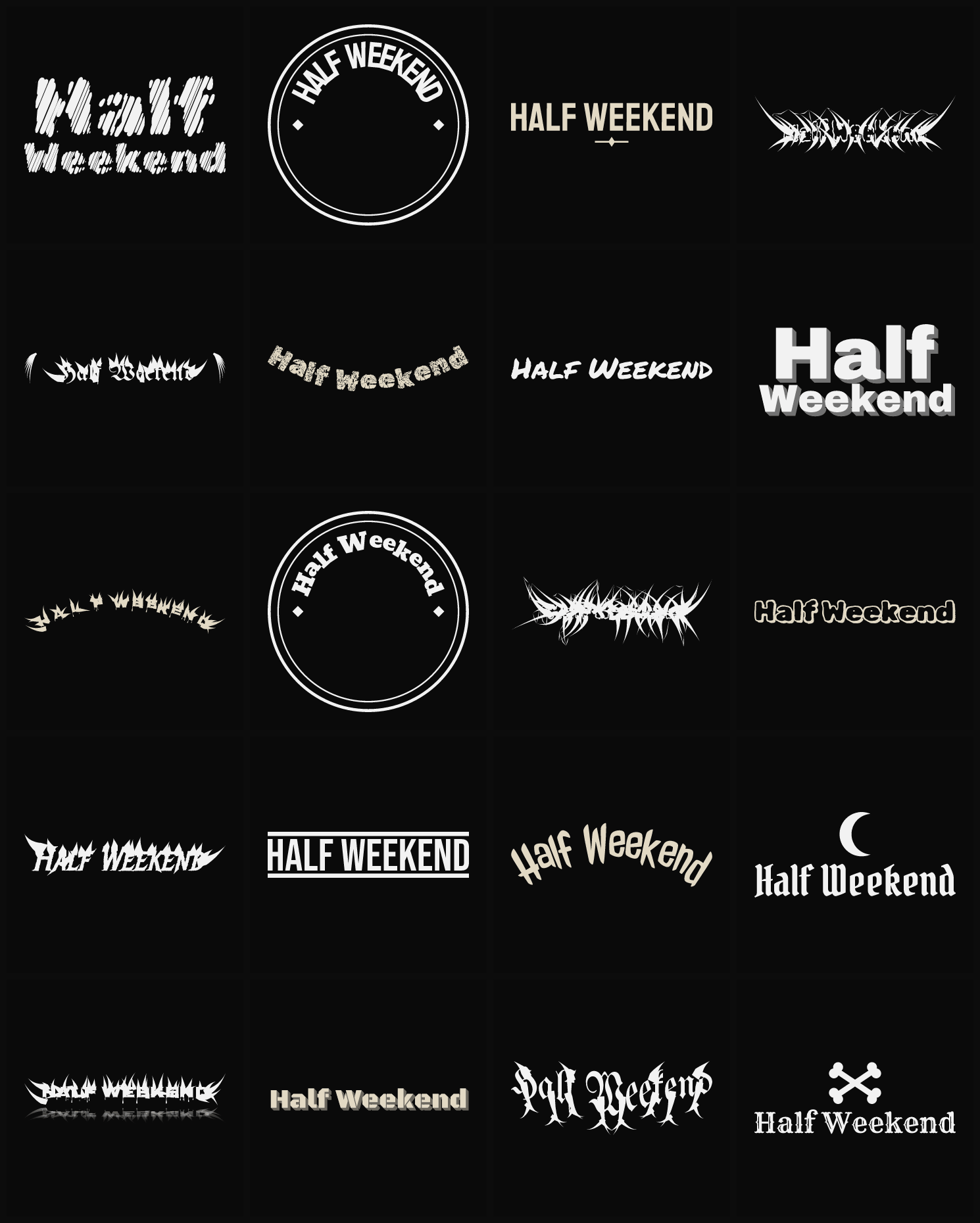 Twenty Half Weekend band logo ideas — different faces, treatments and spike settings