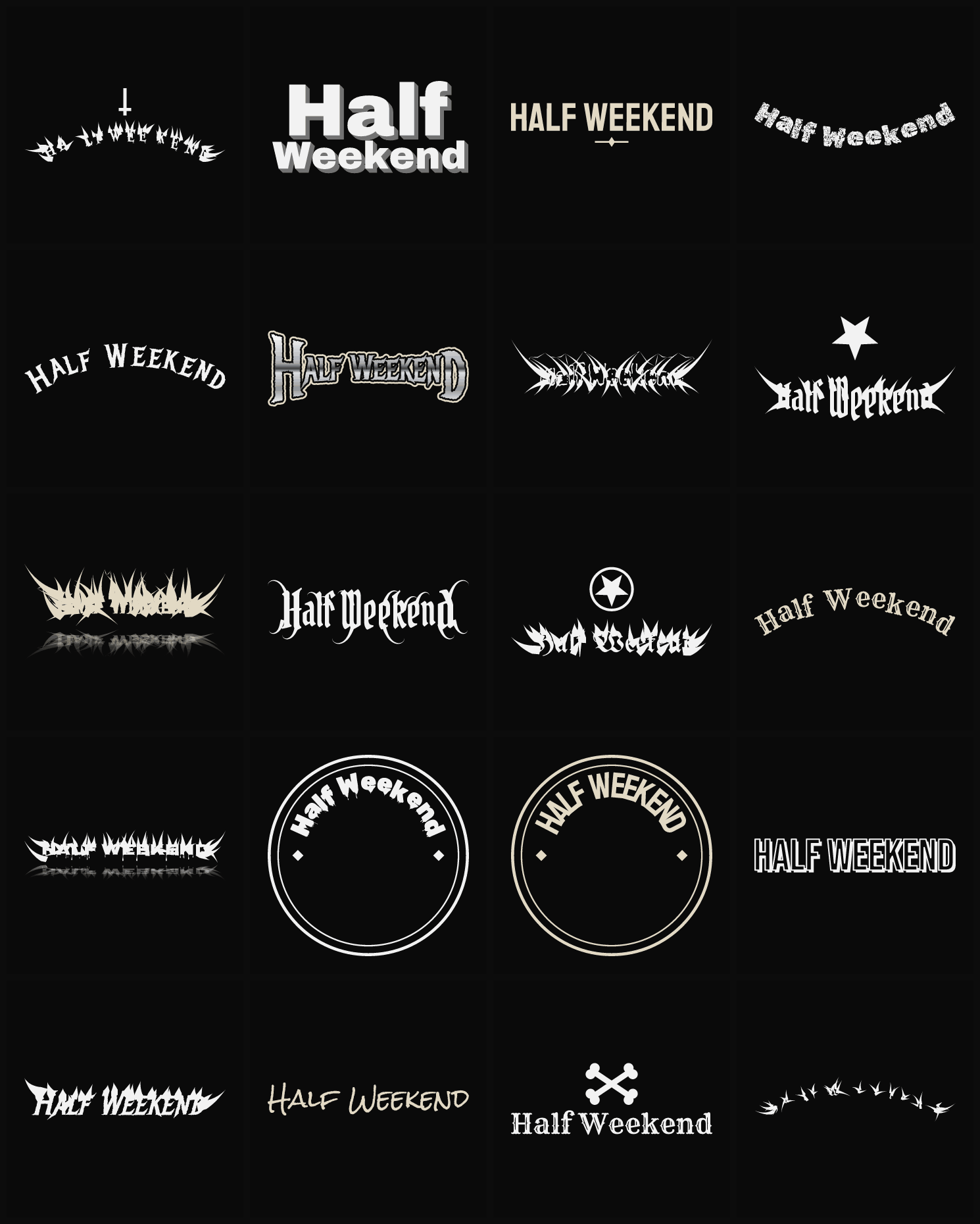 Twenty Half Weekend band logo ideas — different faces, treatments and spike settings