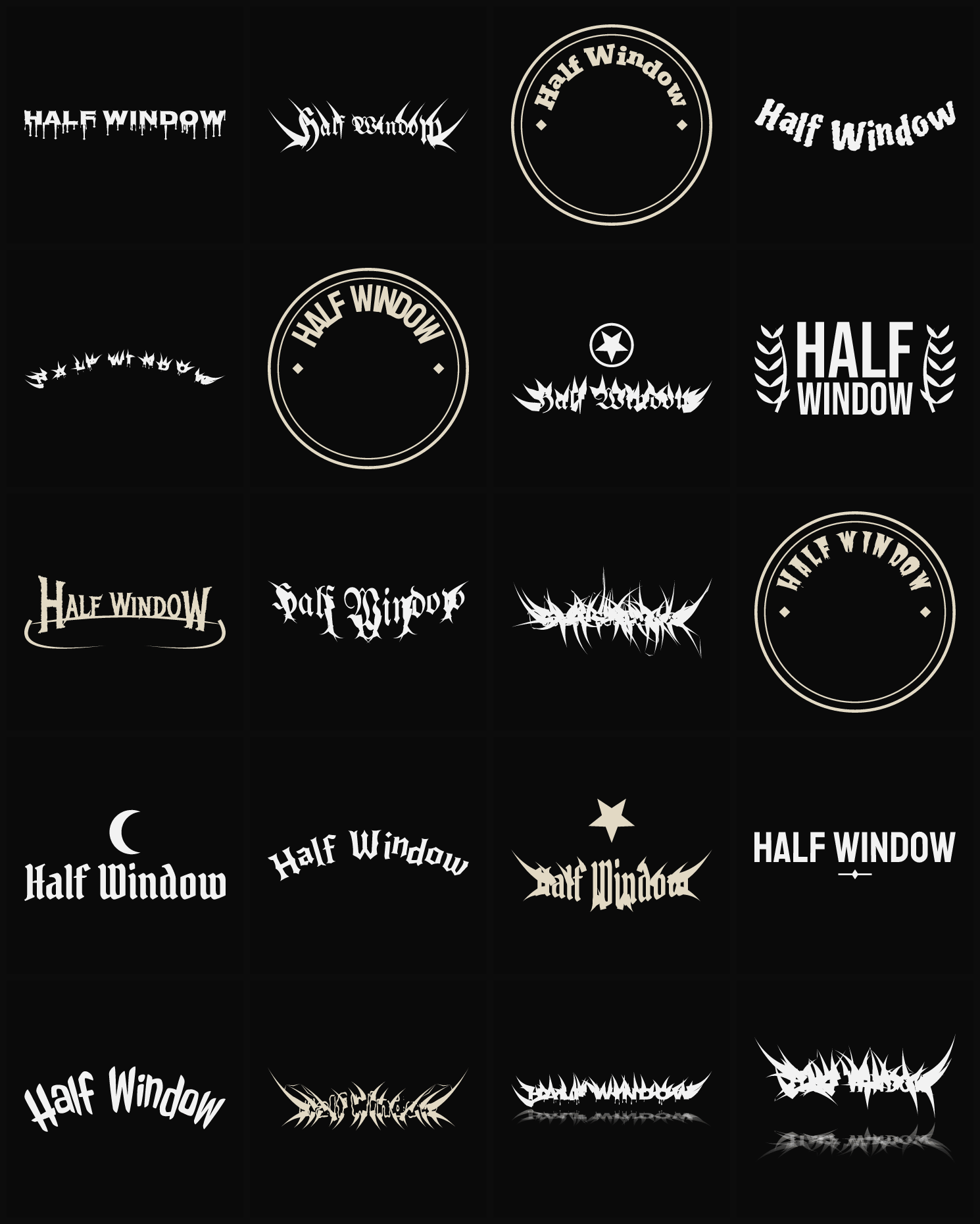 Twenty Half Window band logo ideas — different faces, treatments and spike settings