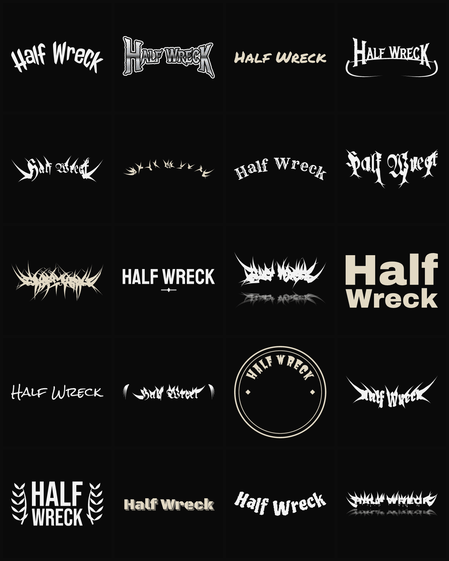 Twenty Half Wreck band logo ideas — different faces, treatments and spike settings