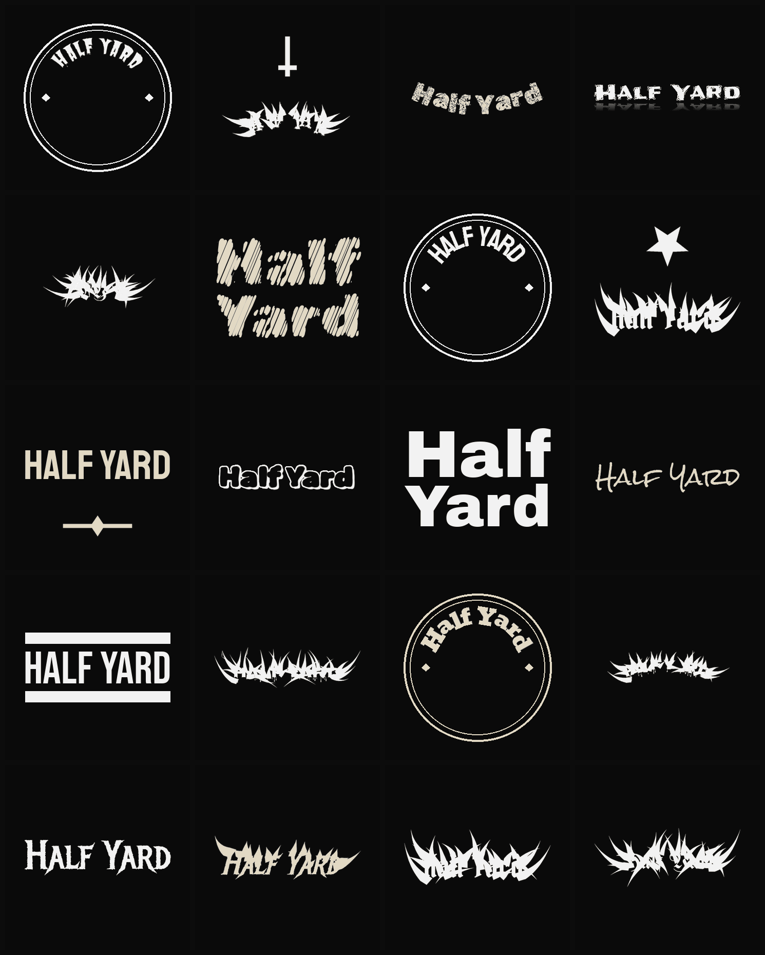 Twenty Half Yard band logo ideas — different faces, treatments and spike settings