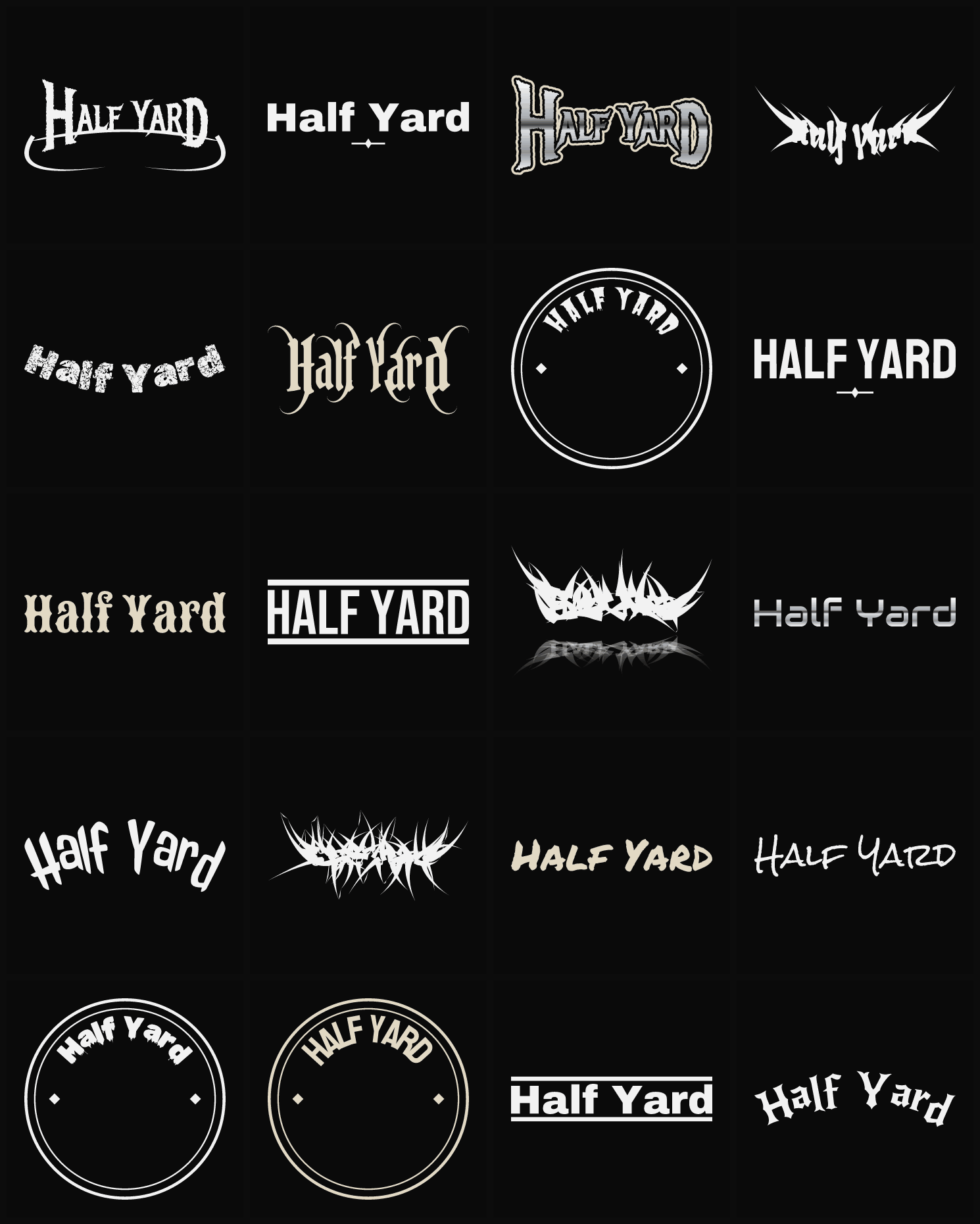 Twenty Half Yard band logo ideas — different faces, treatments and spike settings