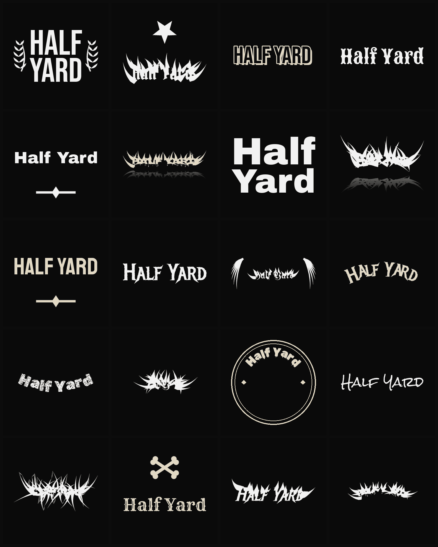 Twenty Half Yard band logo ideas — different faces, treatments and spike settings