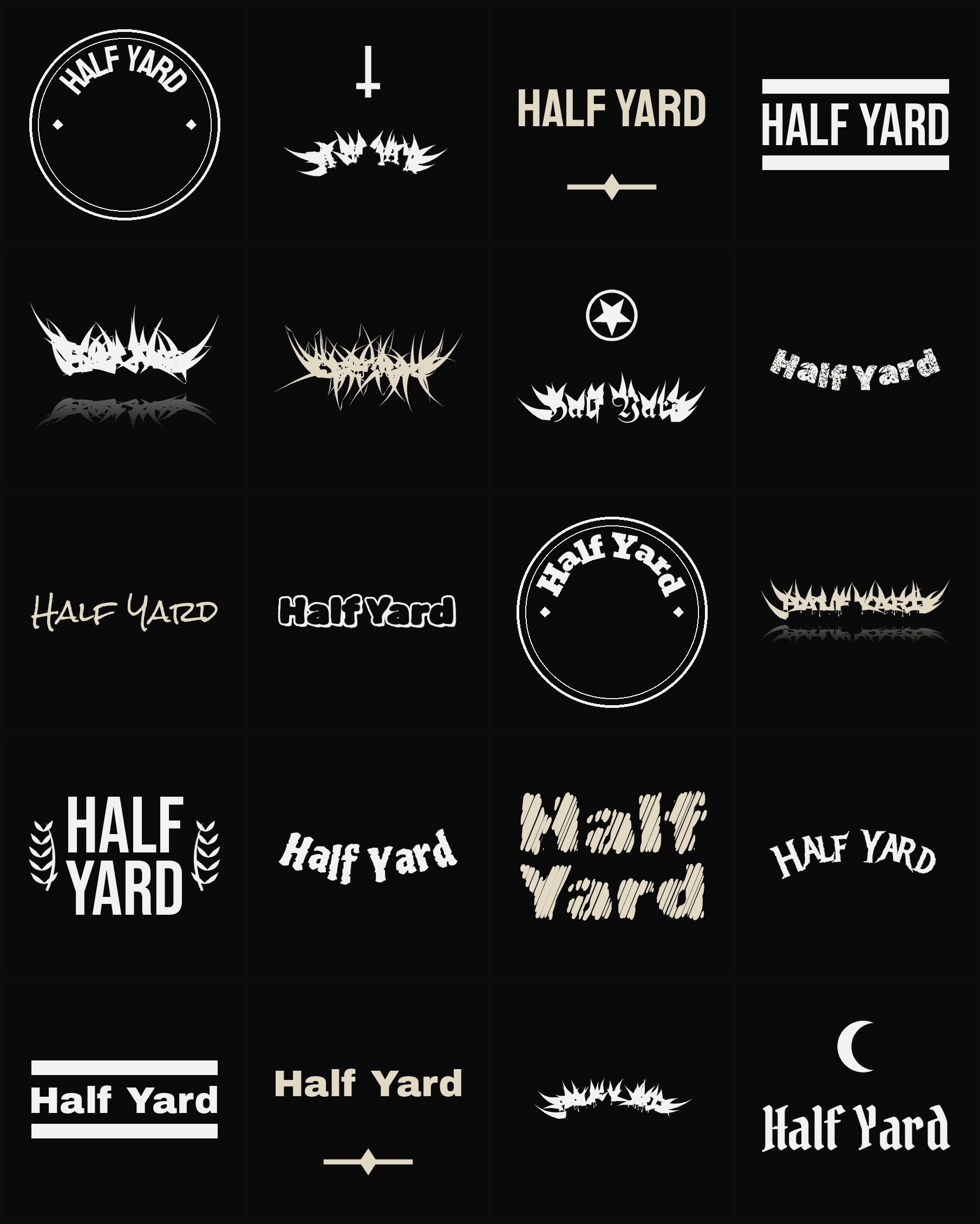 Twenty Half Yard band logo ideas — different faces, treatments and spike settings