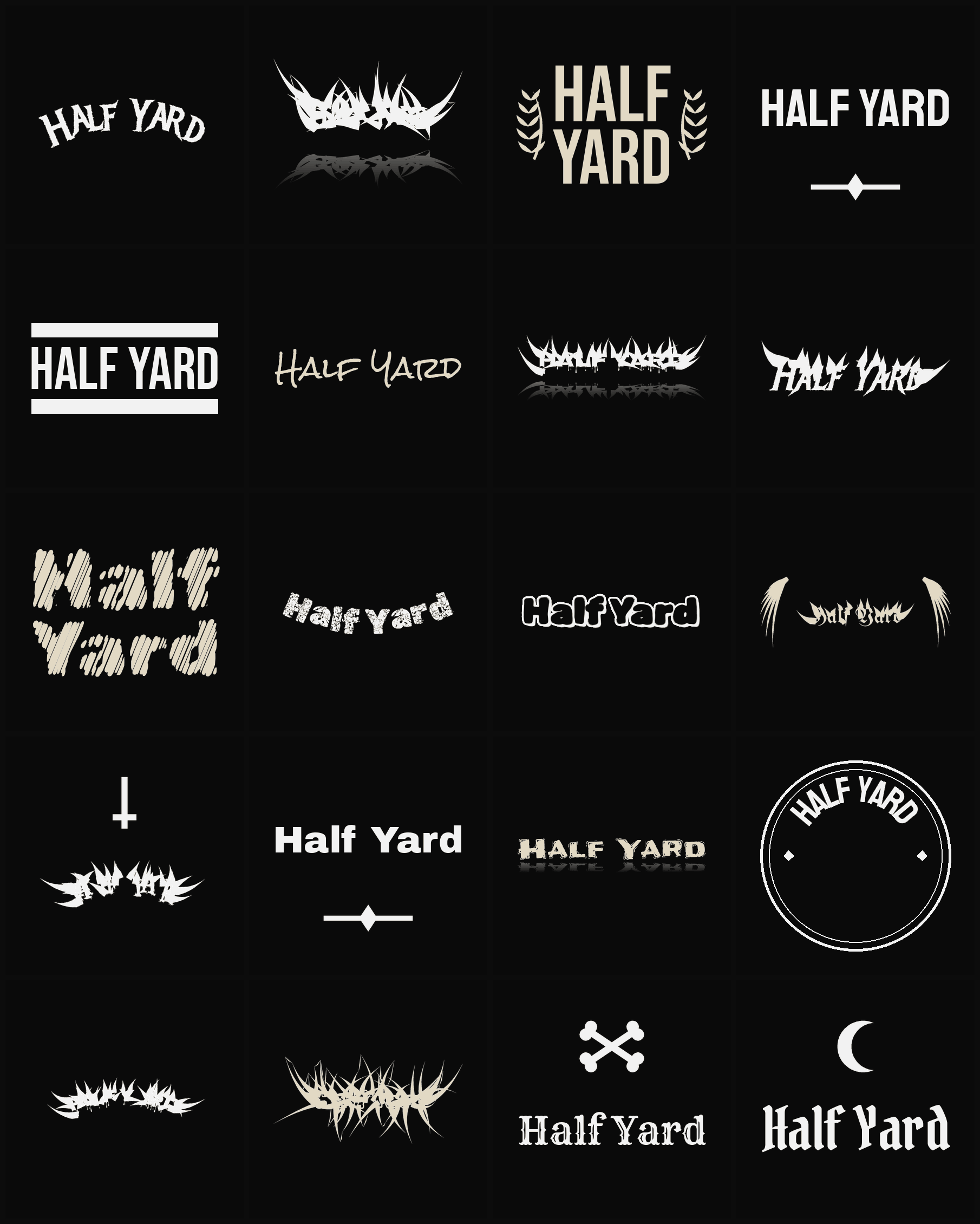 Twenty Half Yard band logo ideas — different faces, treatments and spike settings