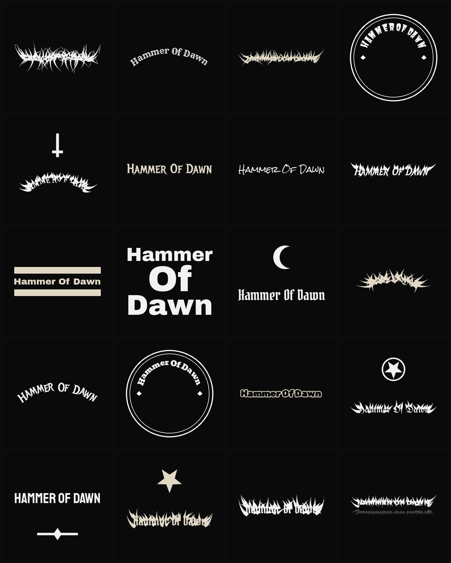 Twenty Hammer Of Dawn band logo ideas — different faces, treatments and spike settings