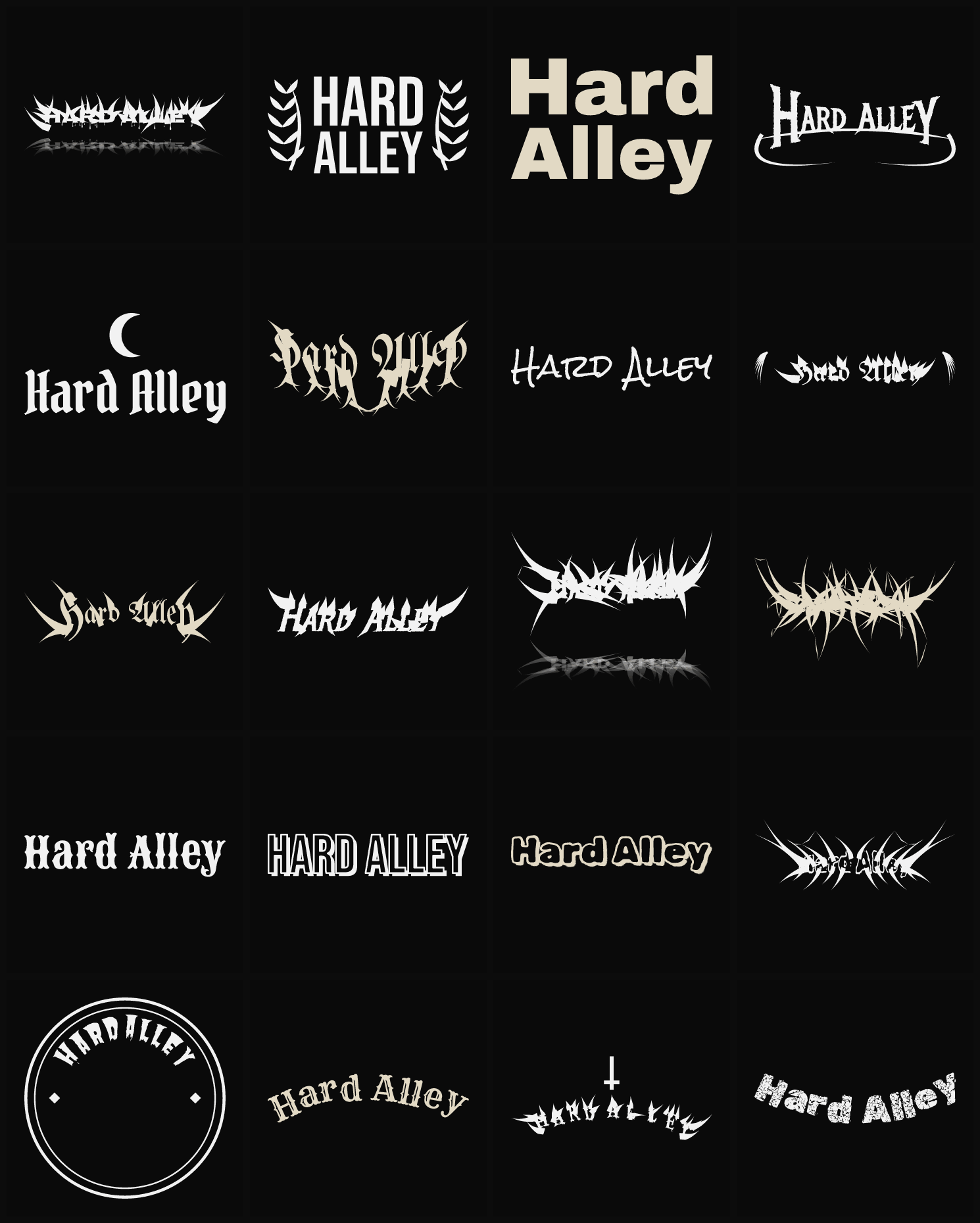 Twenty Hard Alley band logo ideas — different faces, treatments and spike settings