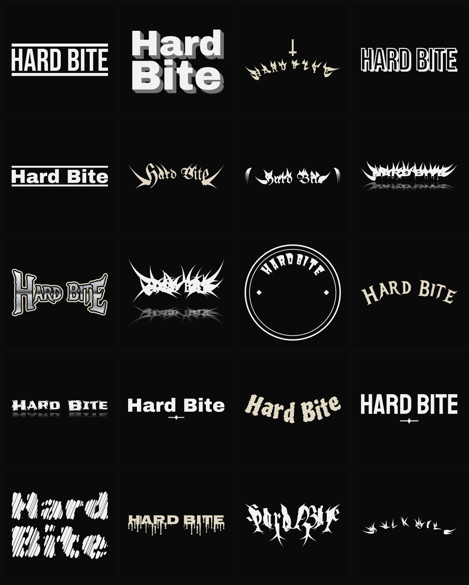 Twenty Hard Bite band logo ideas — different faces, treatments and spike settings