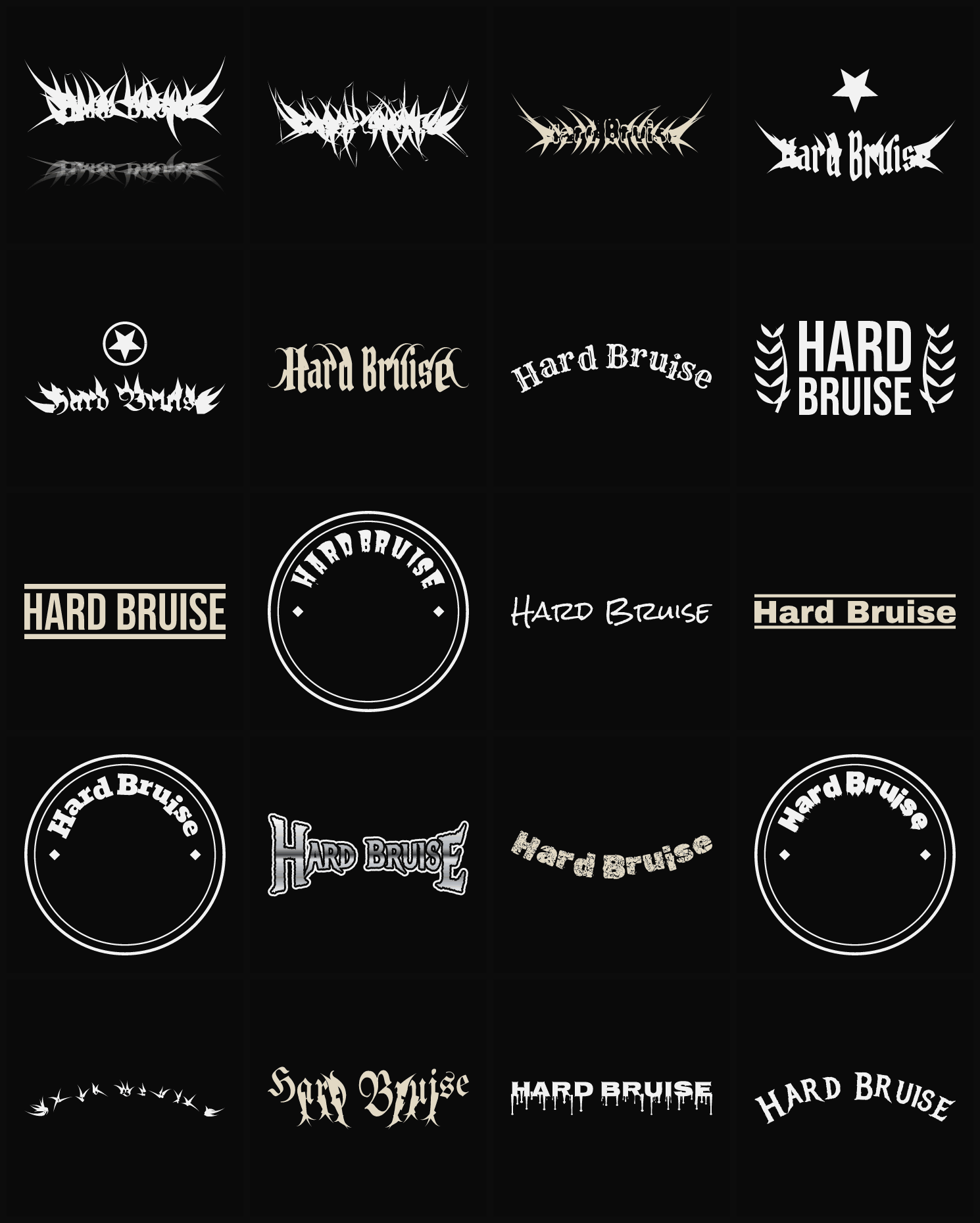 Twenty Hard Bruise band logo ideas — different faces, treatments and spike settings