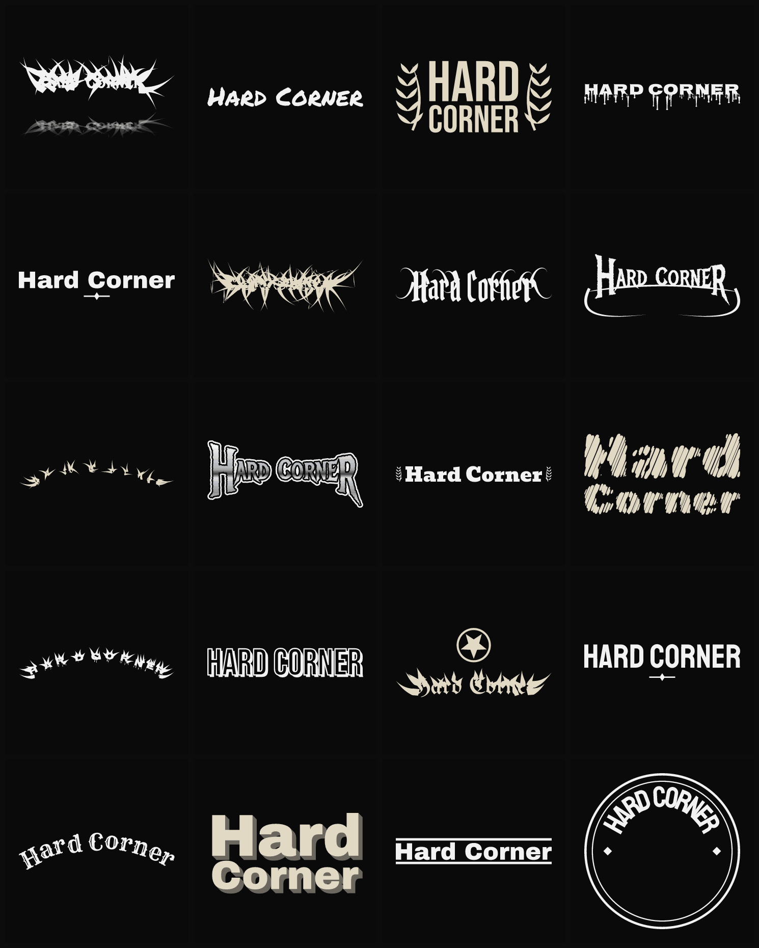 Twenty Hard Corner band logo ideas — different faces, treatments and spike settings