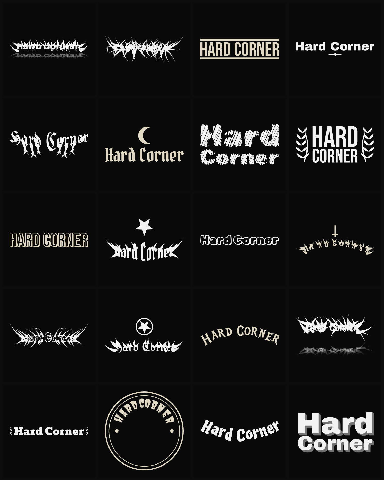 Twenty Hard Corner band logo ideas — different faces, treatments and spike settings