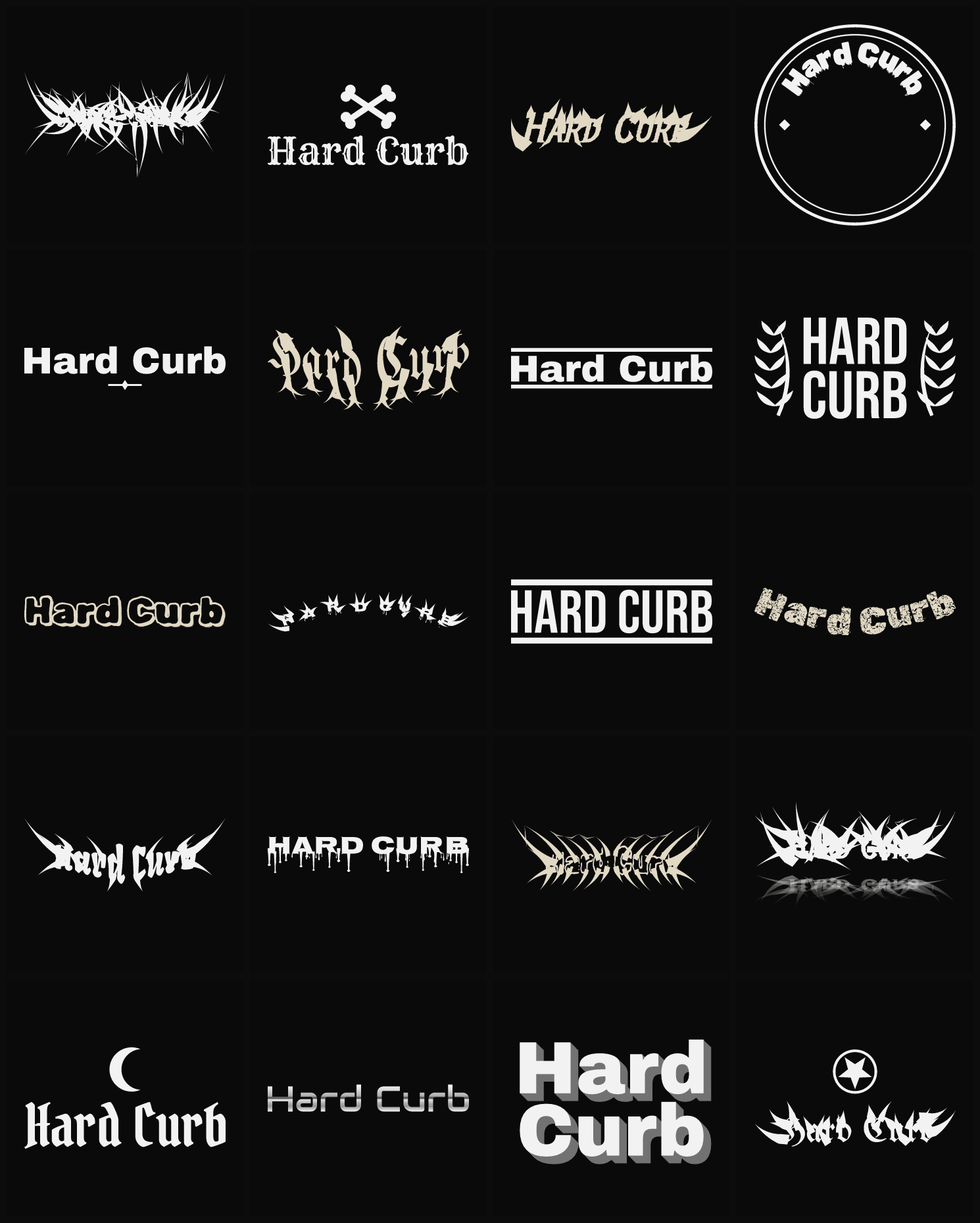 Twenty Hard Curb band logo ideas — different faces, treatments and spike settings
