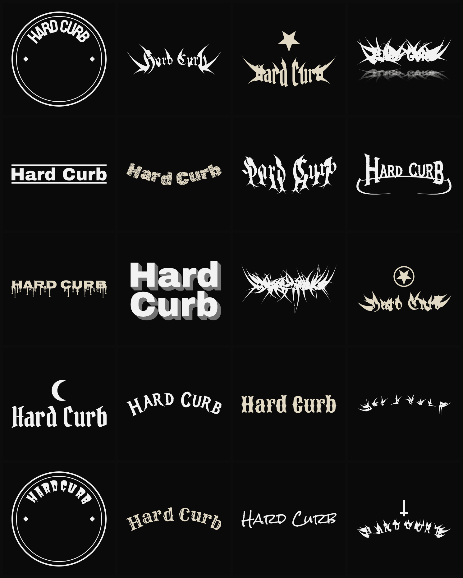 Twenty Hard Curb band logo ideas — different faces, treatments and spike settings