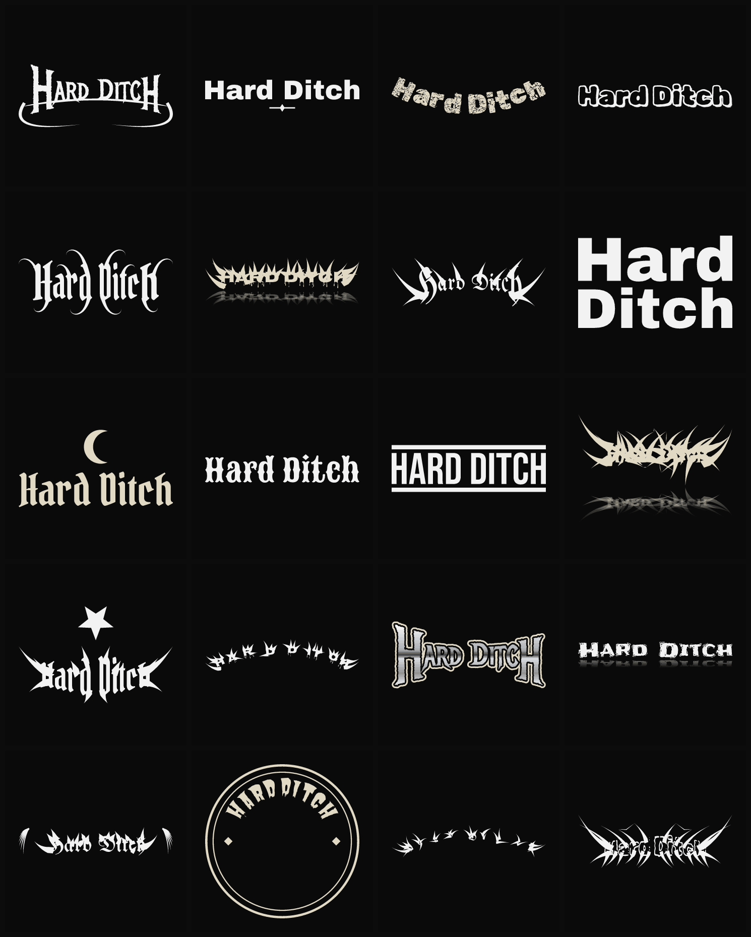Twenty Hard Ditch band logo ideas — different faces, treatments and spike settings