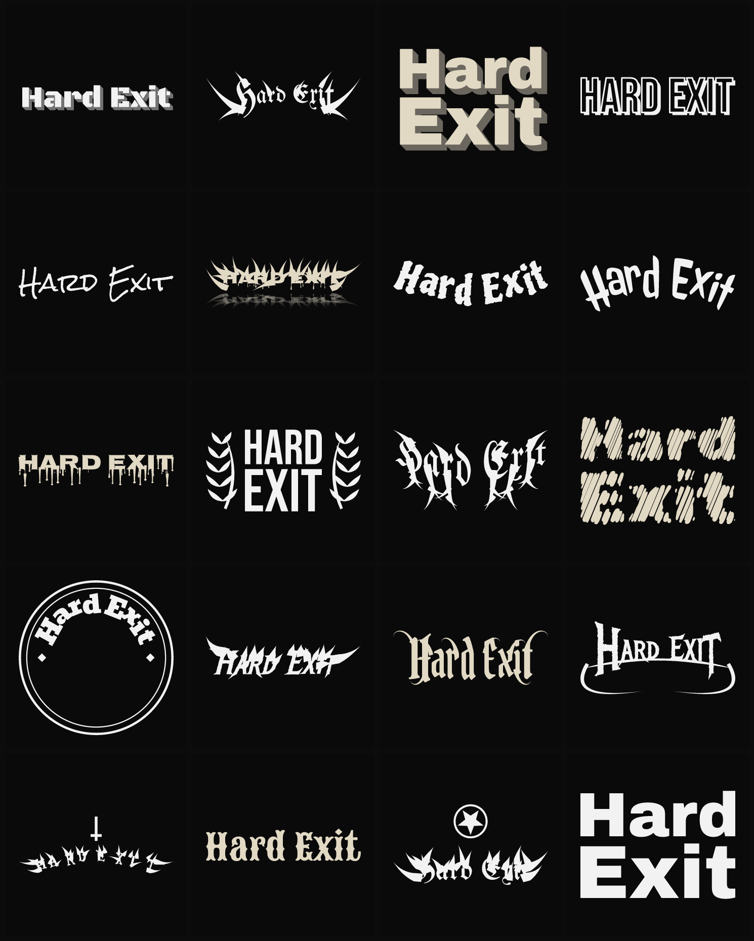 Twenty Hard Exit band logo ideas — different faces, treatments and spike settings
