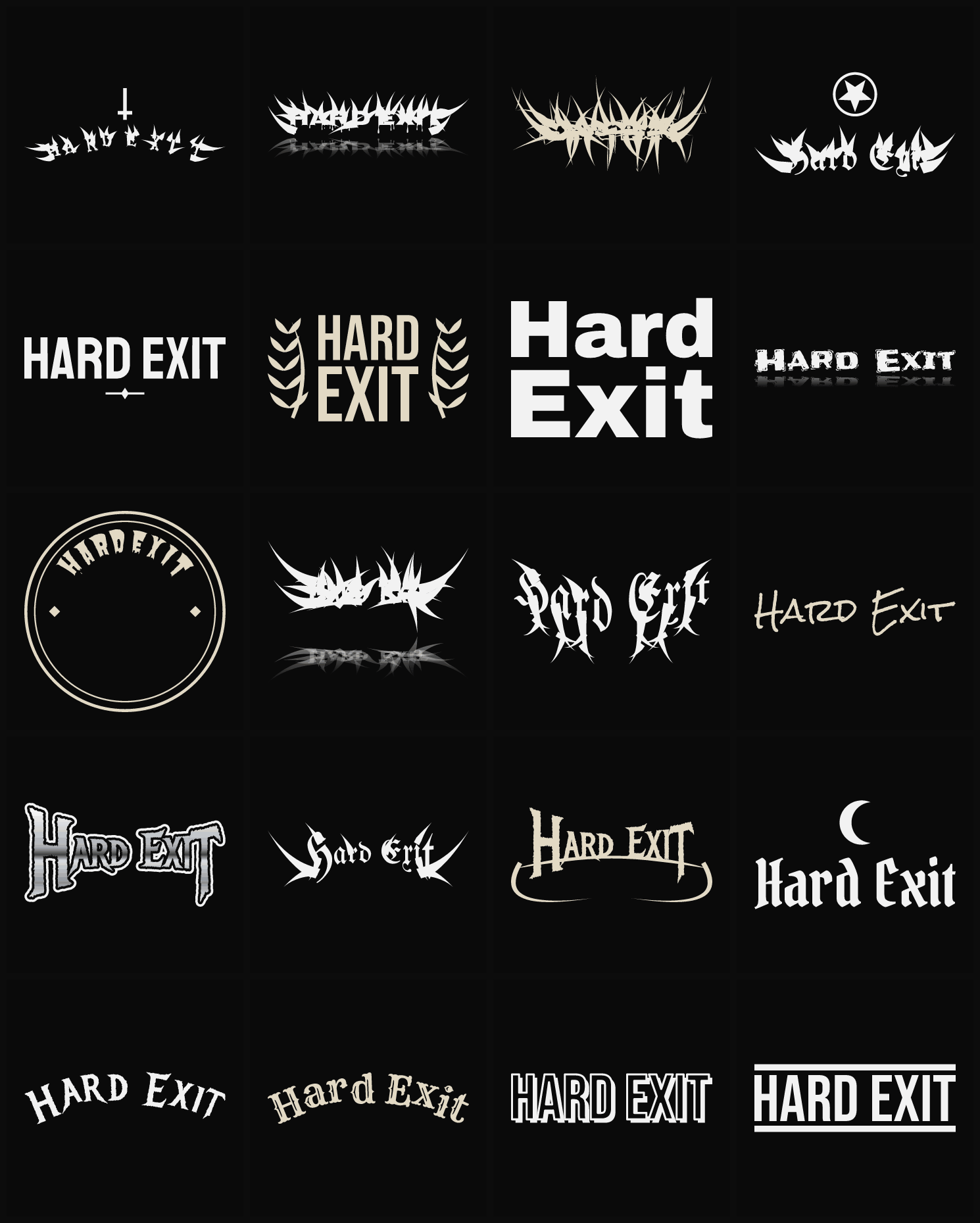 Twenty Hard Exit band logo ideas — different faces, treatments and spike settings