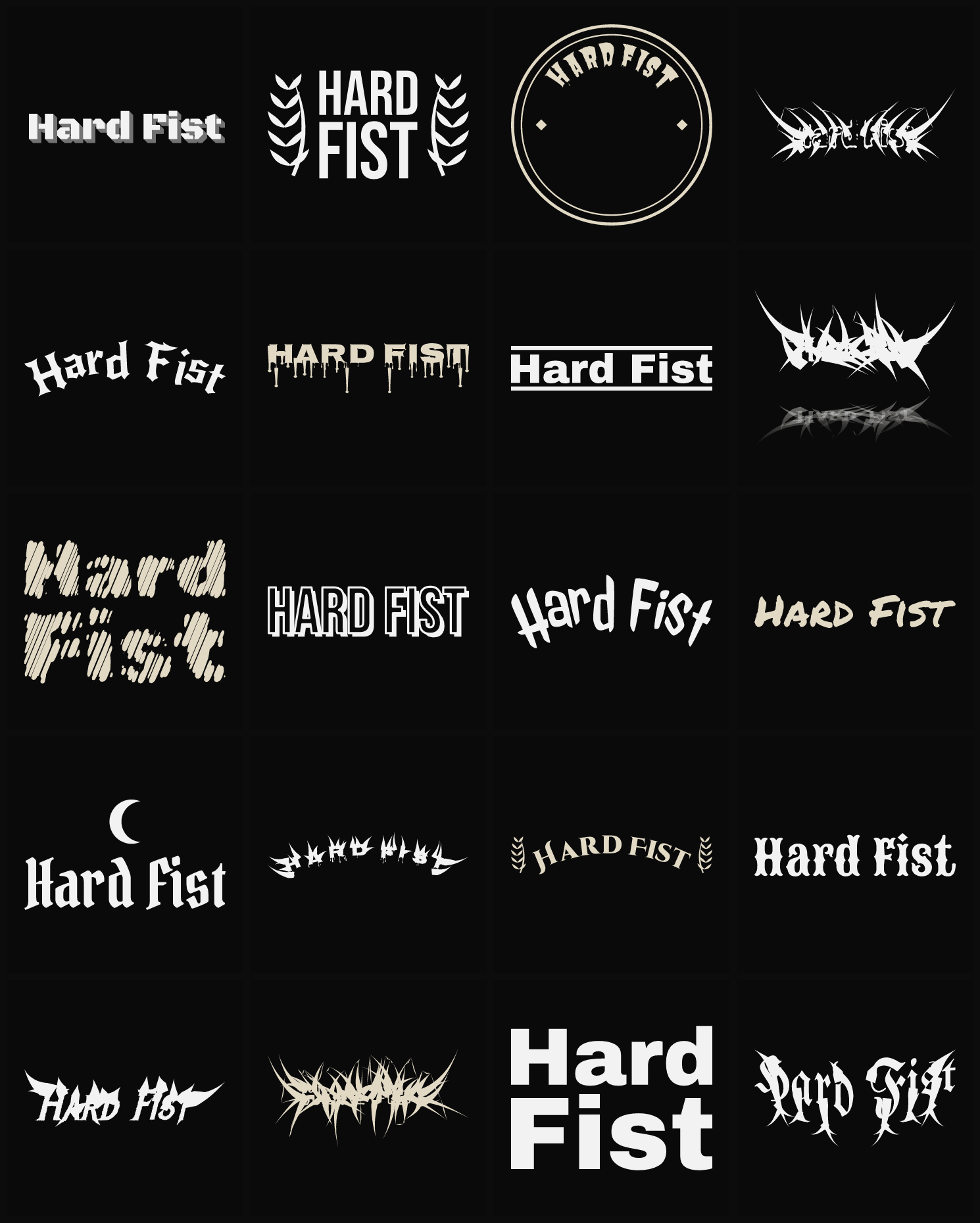 Twenty Hard Fist band logo ideas — different faces, treatments and spike settings
