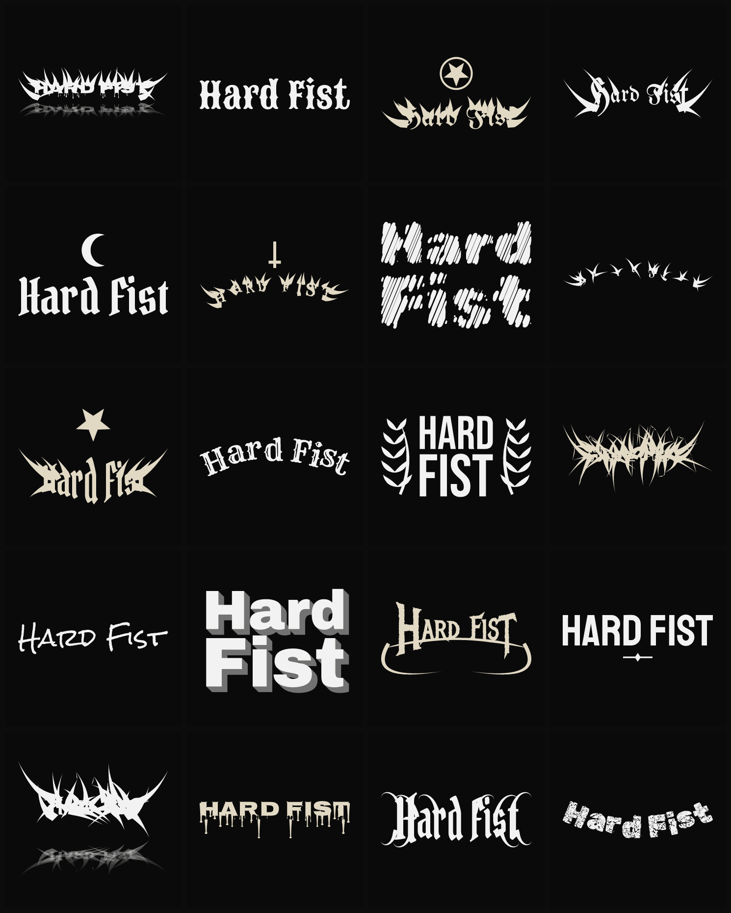 Twenty Hard Fist band logo ideas — different faces, treatments and spike settings