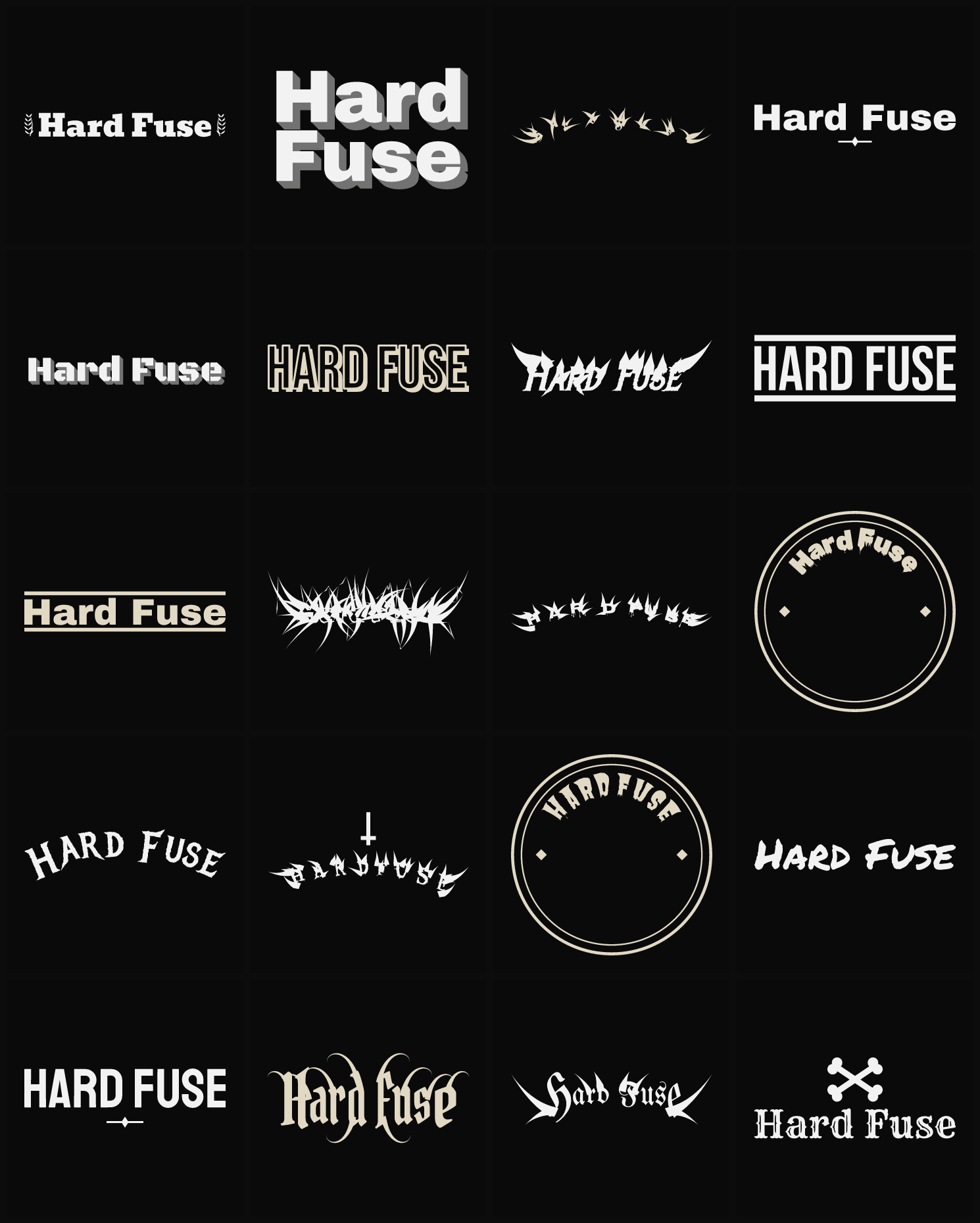 Twenty Hard Fuse band logo ideas — different faces, treatments and spike settings