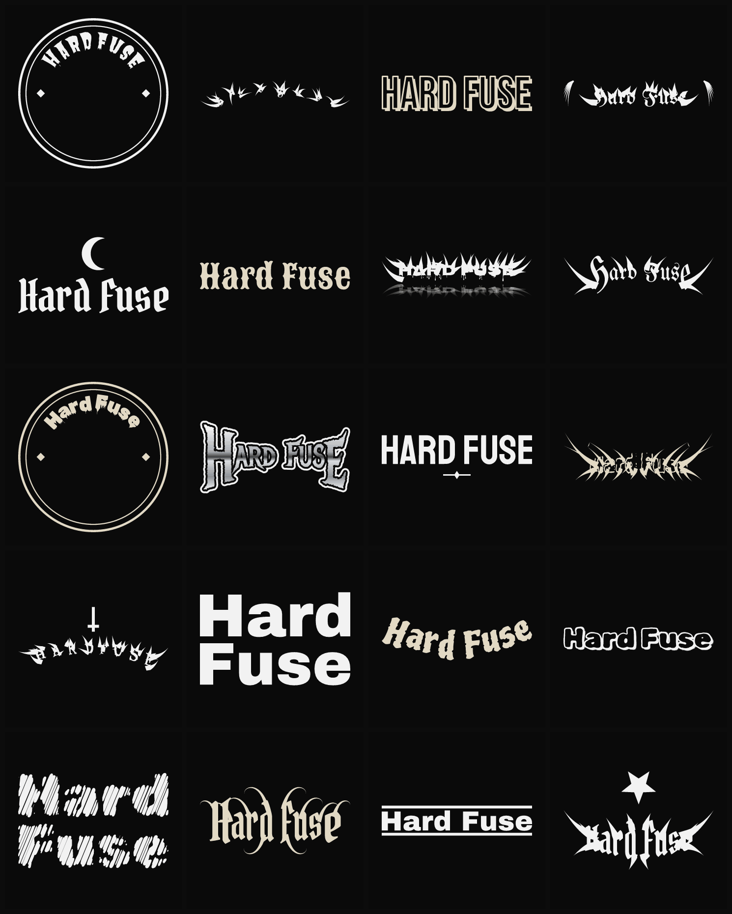Twenty Hard Fuse band logo ideas — different faces, treatments and spike settings