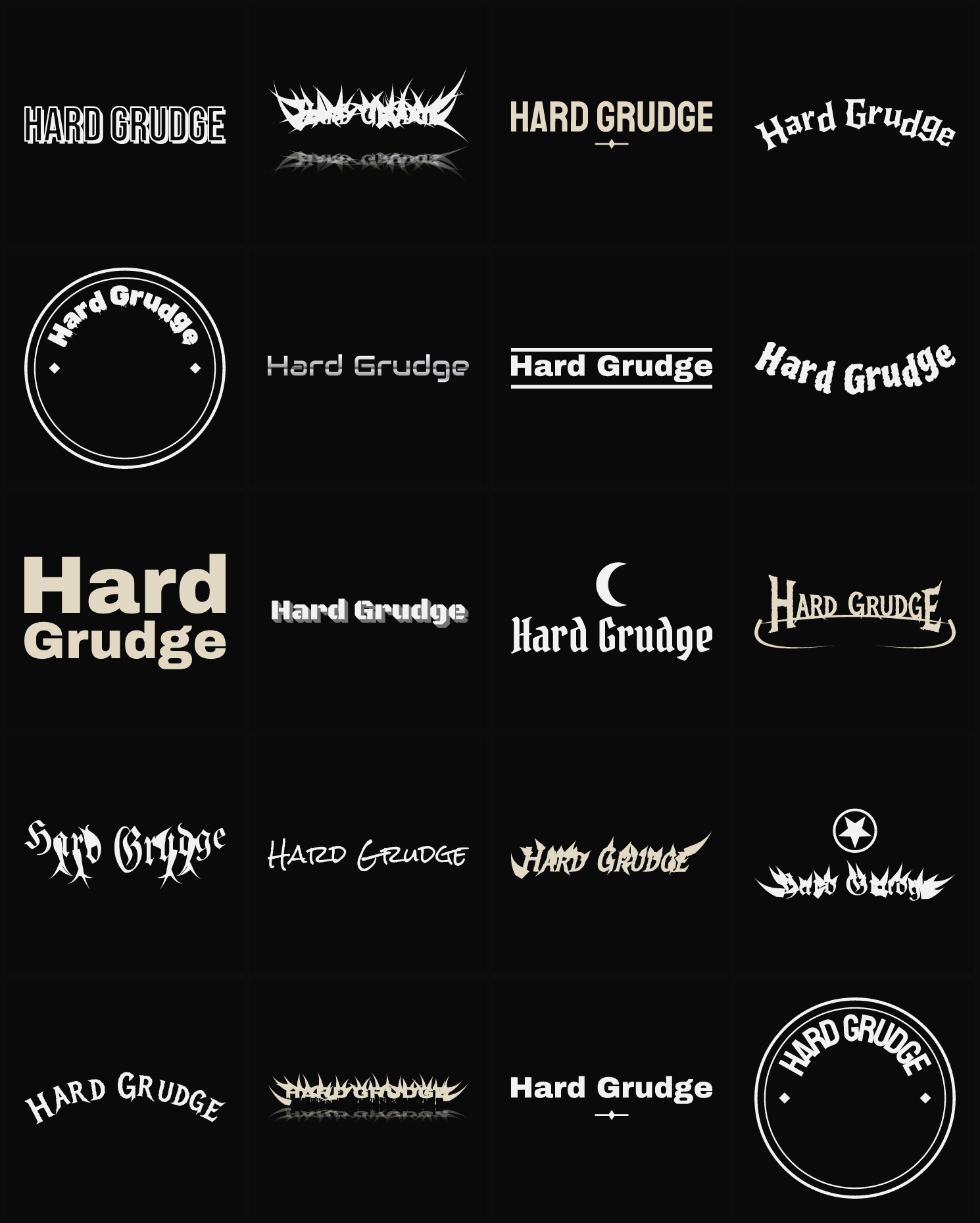 Twenty Hard Grudge band logo ideas — different faces, treatments and spike settings