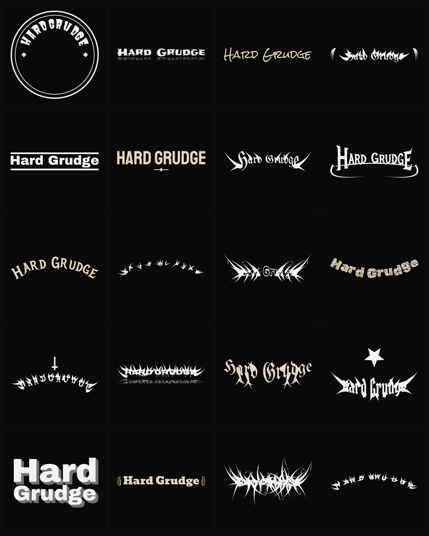 Twenty Hard Grudge band logo ideas — different faces, treatments and spike settings
