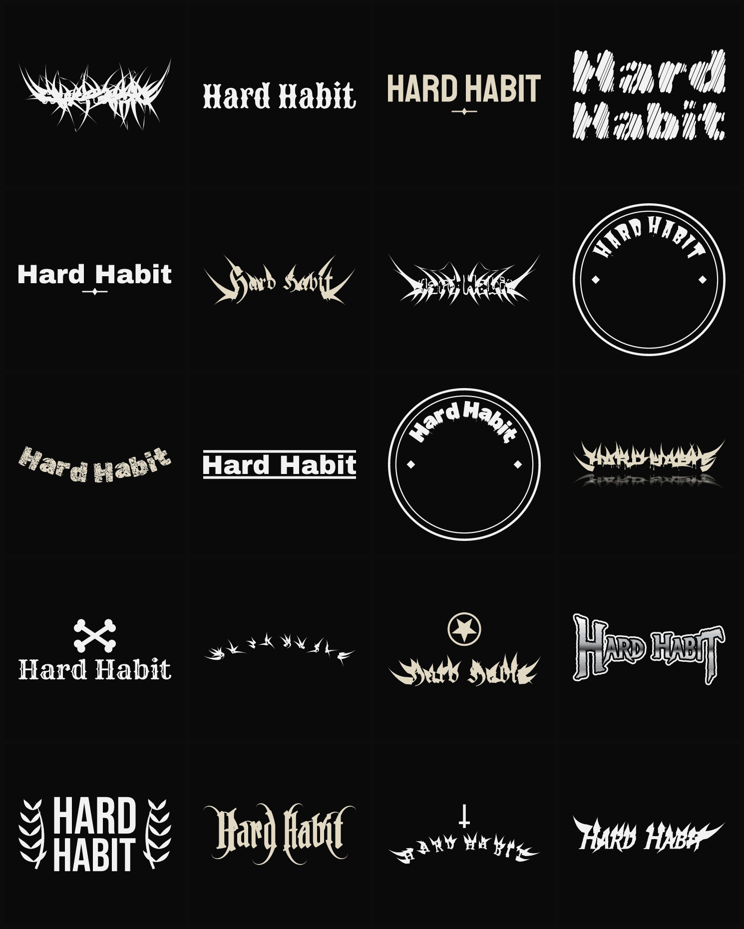 Twenty Hard Habit band logo ideas — different faces, treatments and spike settings