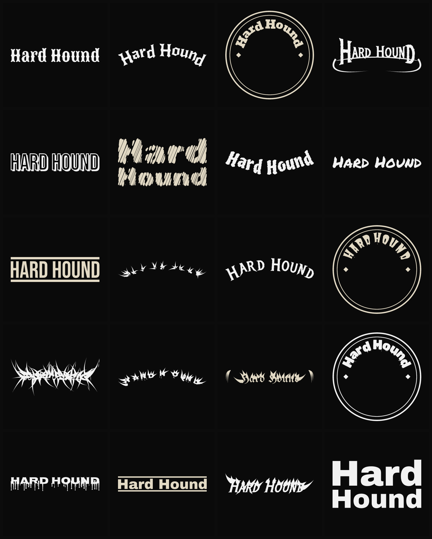 Twenty Hard Hound band logo ideas — different faces, treatments and spike settings