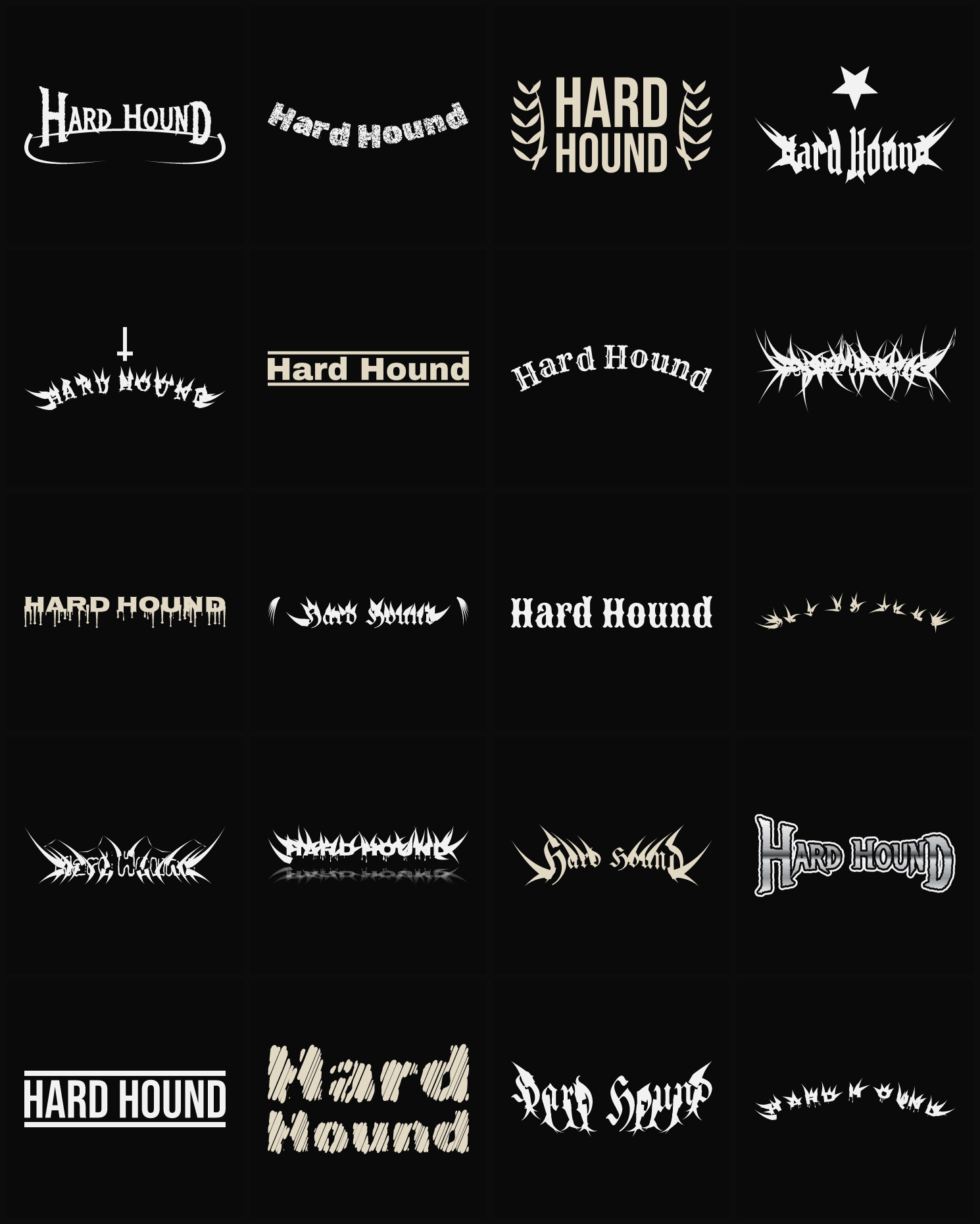 Twenty Hard Hound band logo ideas — different faces, treatments and spike settings