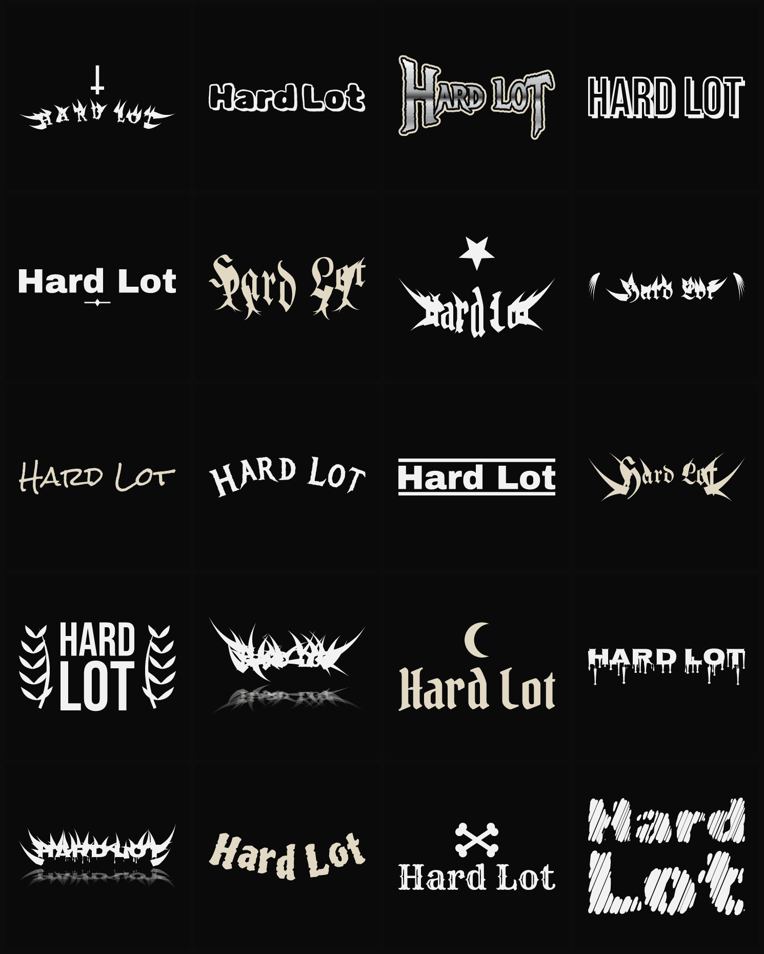 Twenty Hard Lot band logo ideas — different faces, treatments and spike settings