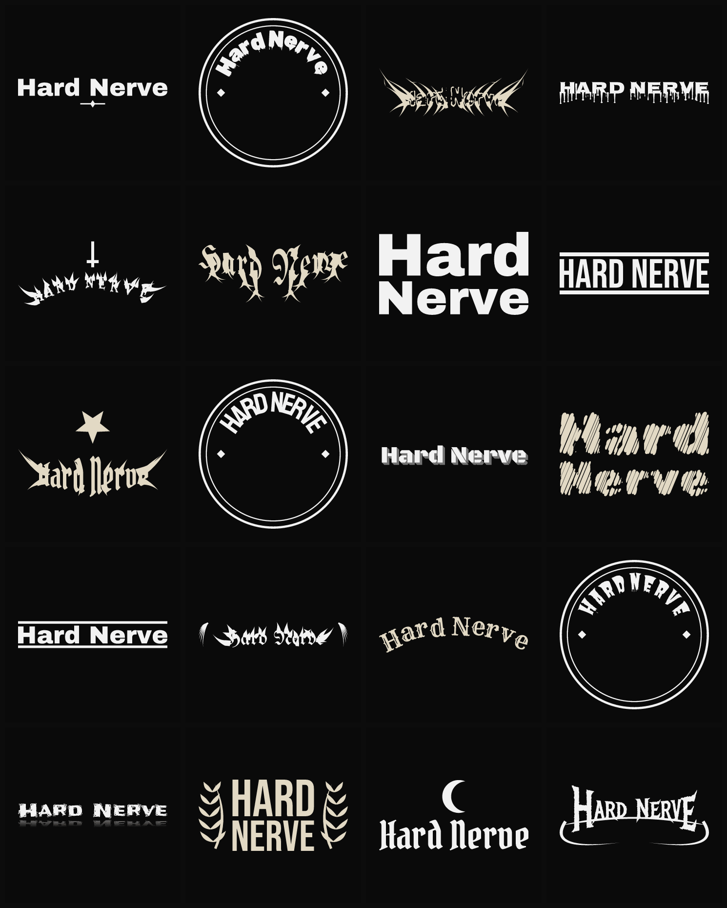 Twenty Hard Nerve band logo ideas — different faces, treatments and spike settings